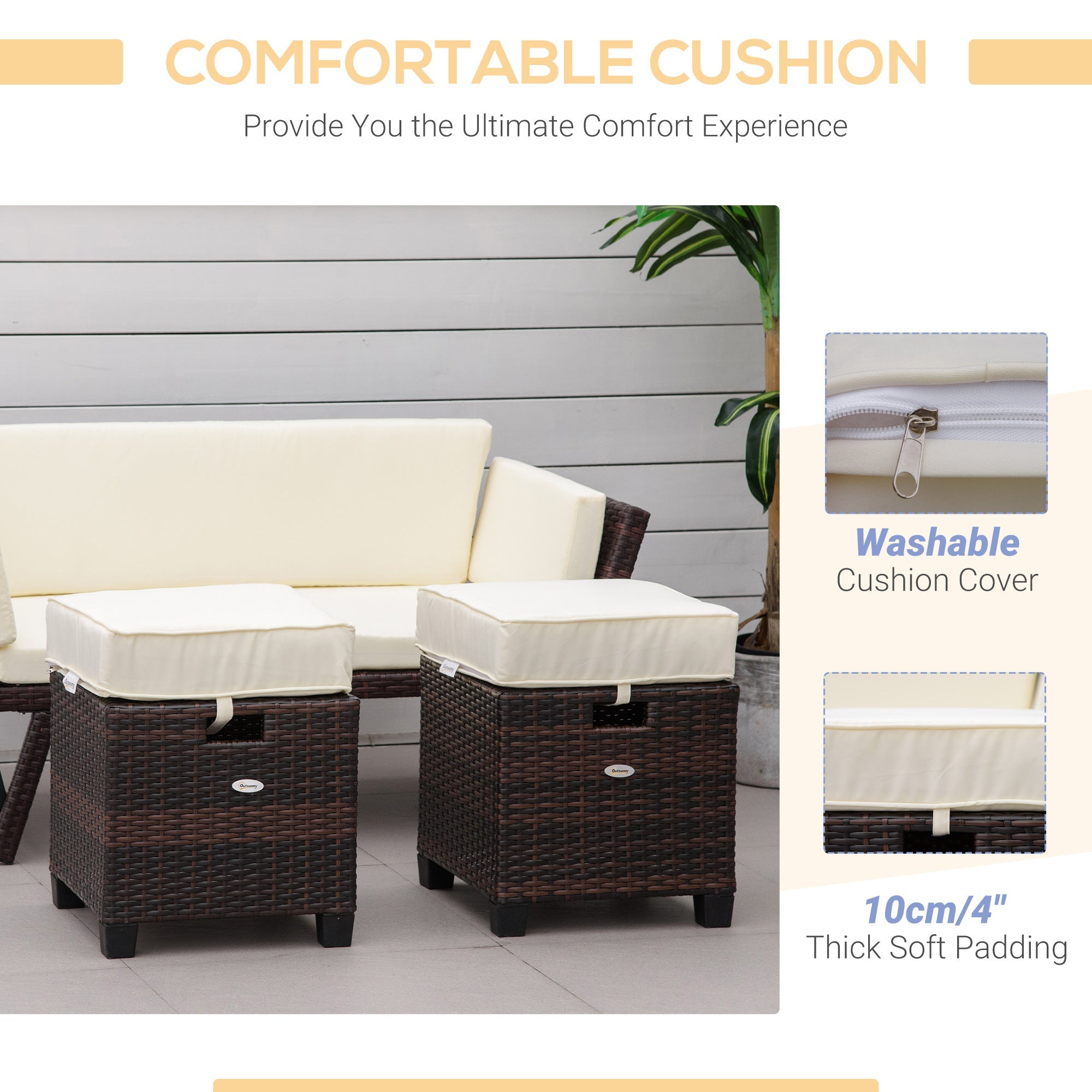 Outsunny Rattan Ottoman Set 2 Cushions Steel Frame Outdoor Footrest Patio Garden Furniture Brown