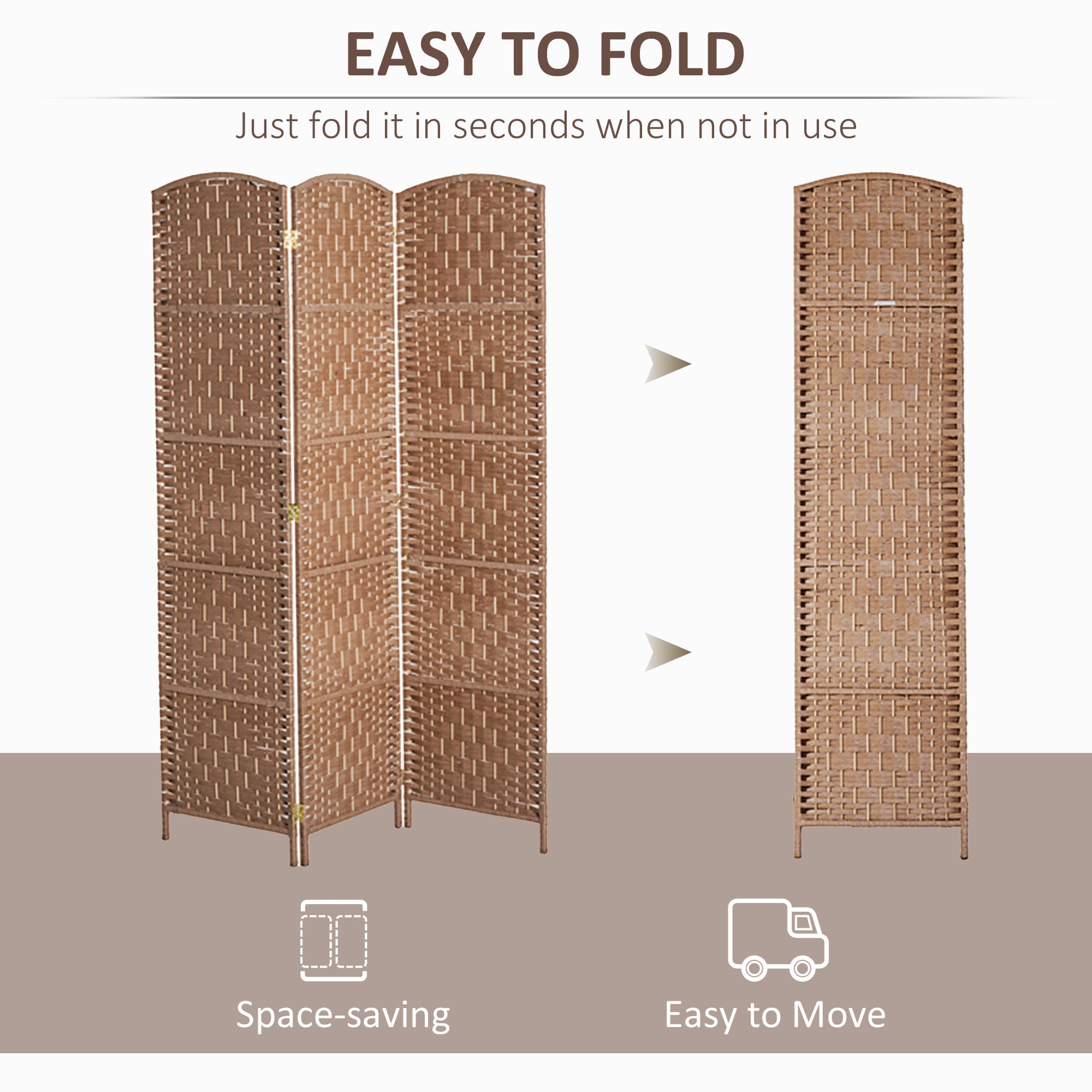 HOMCOM Natural Woven Room Divider: 6 Tall Wicker Weave Panels, 3 Panel Privacy Screen, Blonde Wood for Indoor Spaces