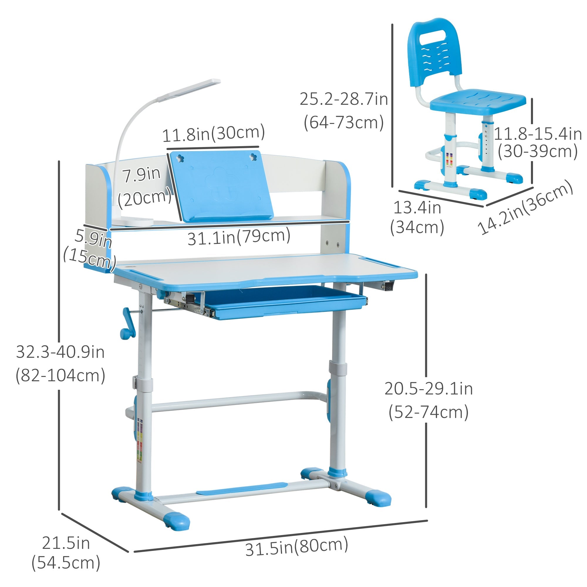 Qaba Kids Adjustable Desk and Chair Set with LED Light Bookshelf Drawer for Student Study Blue
