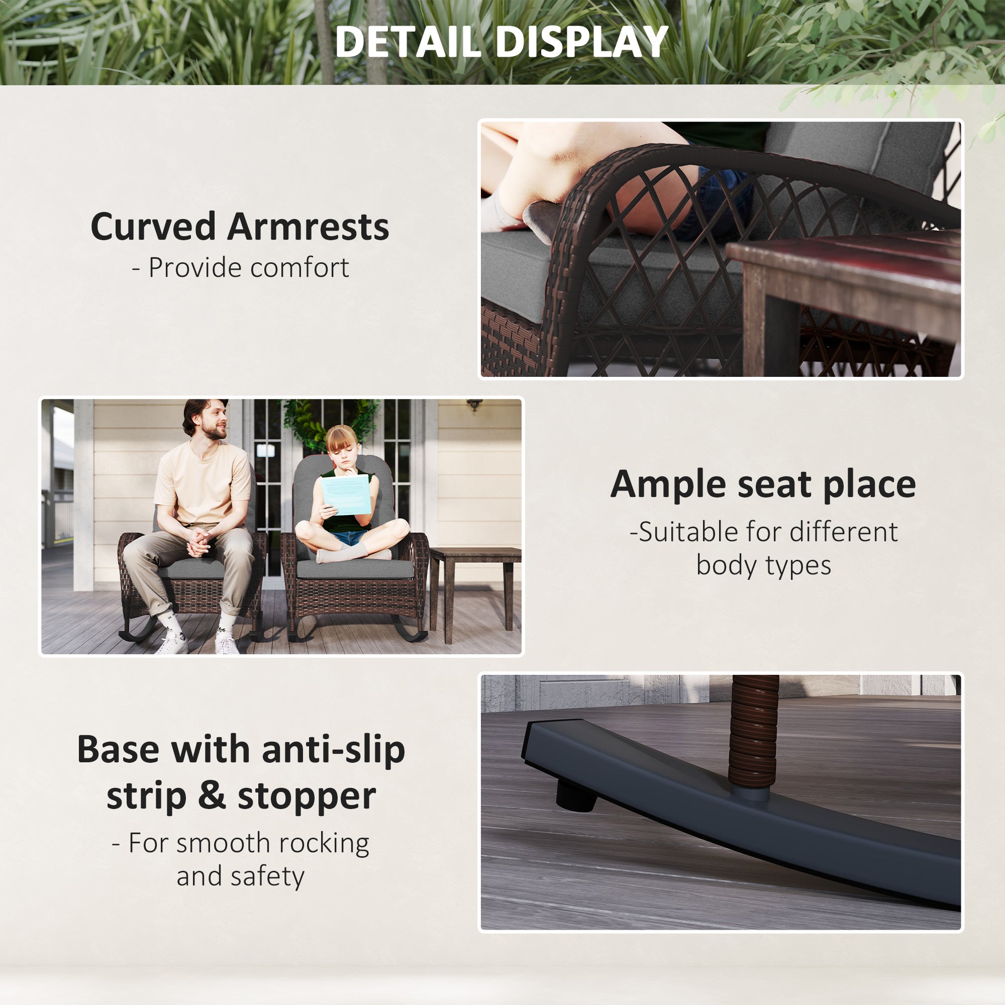 Outsunny Outdoor Wicker Rattan Rocking Chair Set of 2, Patio Rocker with Thick Cushions for Garden Backyard Porch, Grey