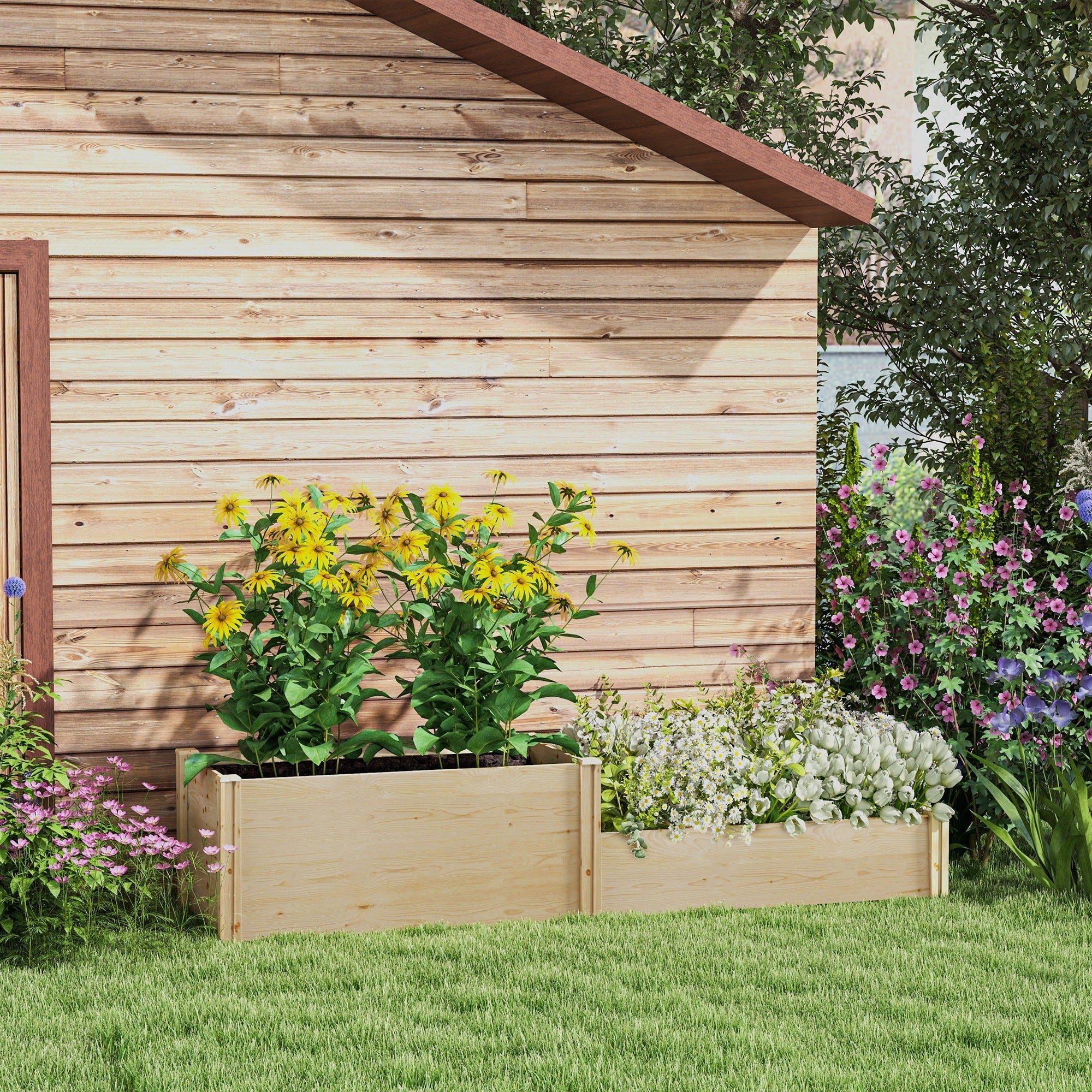 Outsunny DIY Raised Garden Bed Two-Box Wooden Planters Outdoor Patio Backyard Veggies Flowers Herbs Plants Growing Easy Assembly