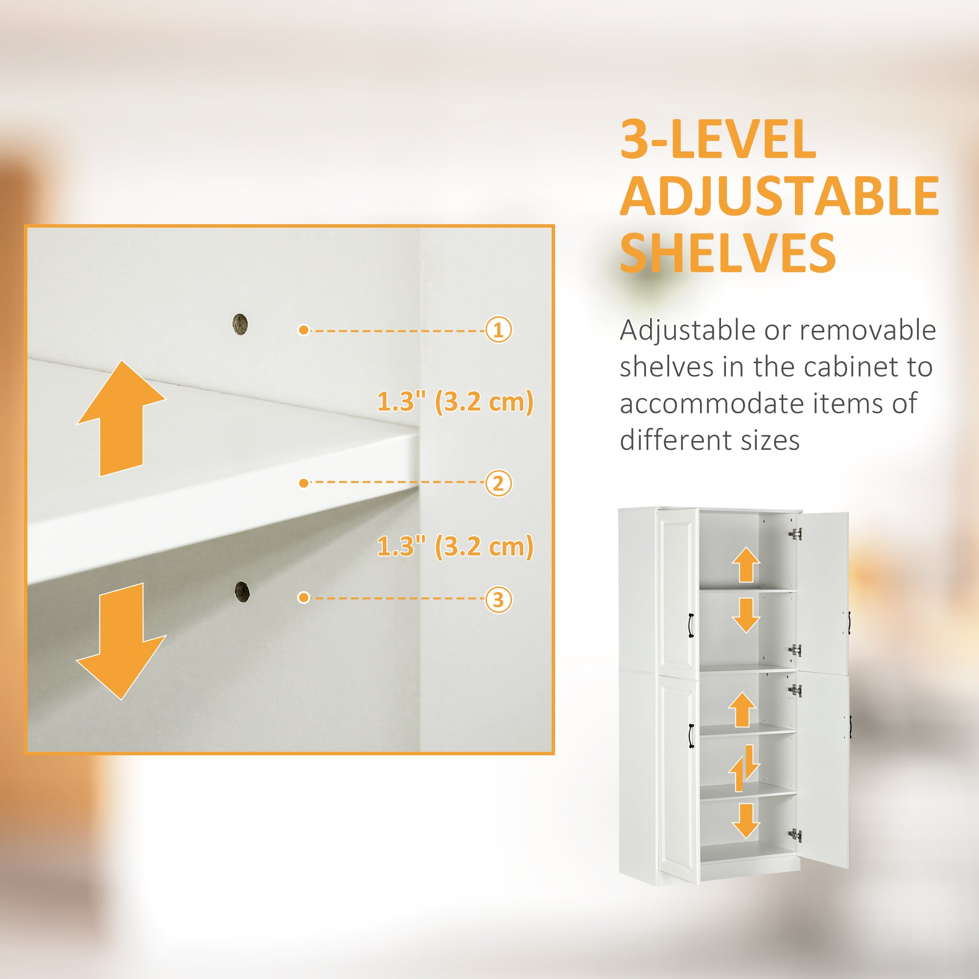 HOMCOM 71" Freestanding Kitchen Pantry Cabinet, Storage Cabinet with 4 Hinged Doors and Adjustable Shelves, White