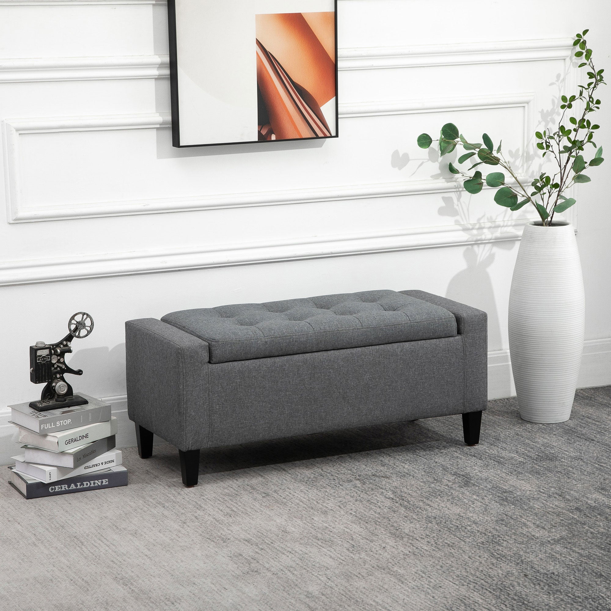 HOMCOM Linen-Touch Tufted Ottoman: Grey Fabric Bench with Flipping Top, Footstool for Living Room