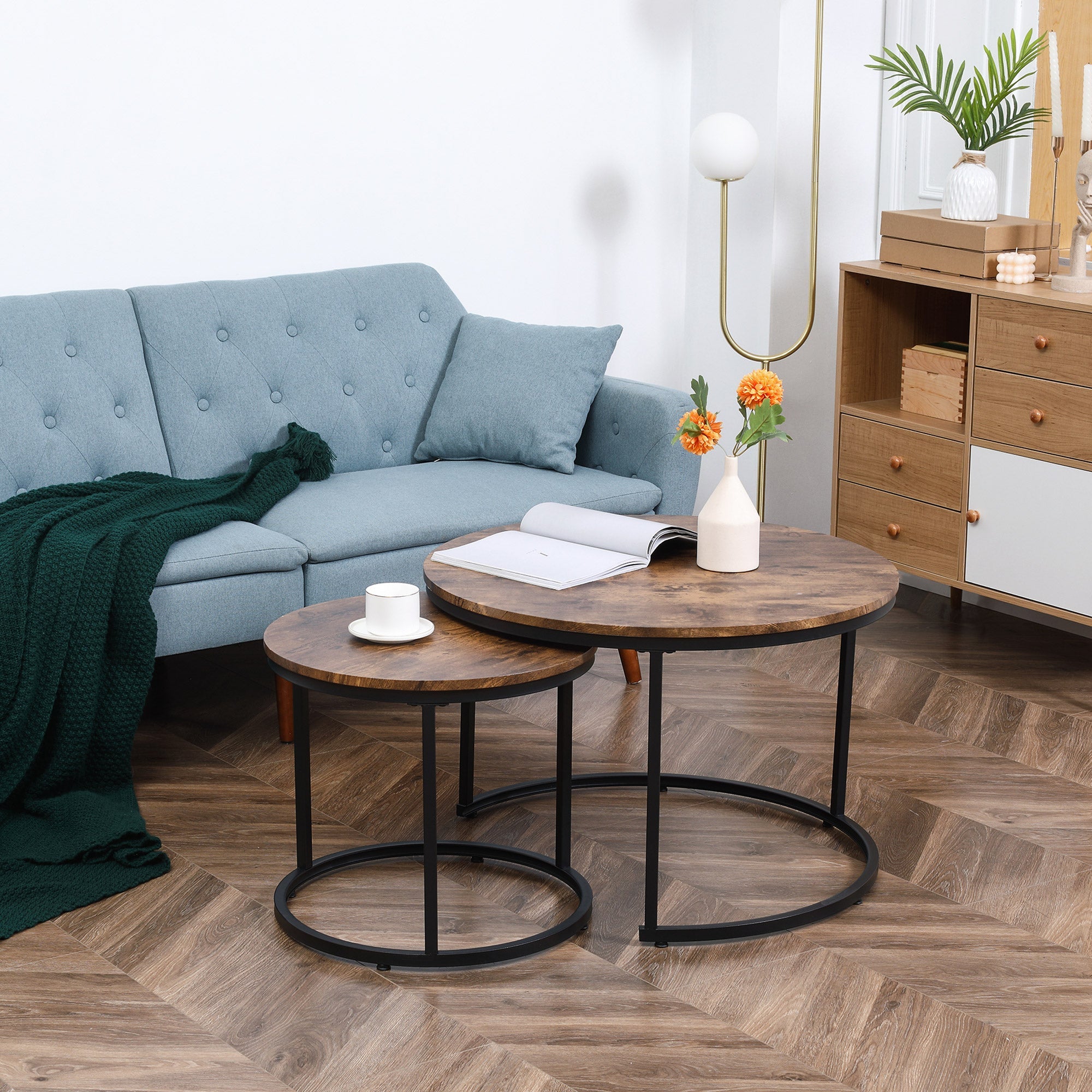 Homcom Rustic Nesting Coffee Tables: Round Set of 2 with Stacking Metal Frame for Cozy Living Room