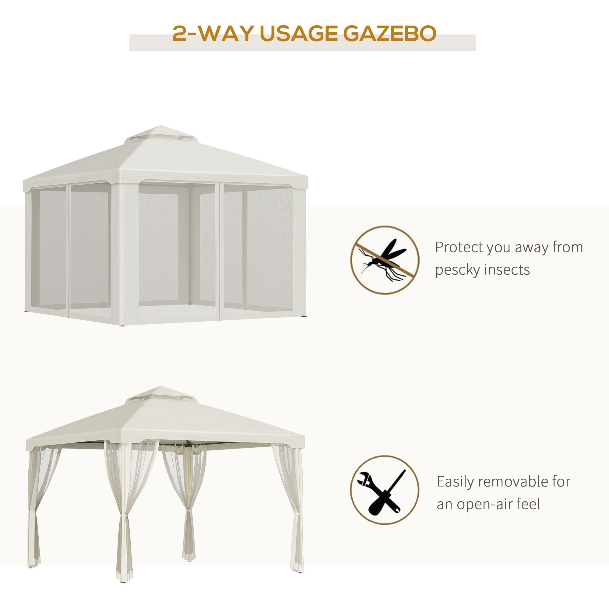 Outsunny 9.7'x9.7' Patio Gazebo Outdoor Pavilion 2 Tire Roof Canopy Shelter Garden Event Party Tent, Cream White
