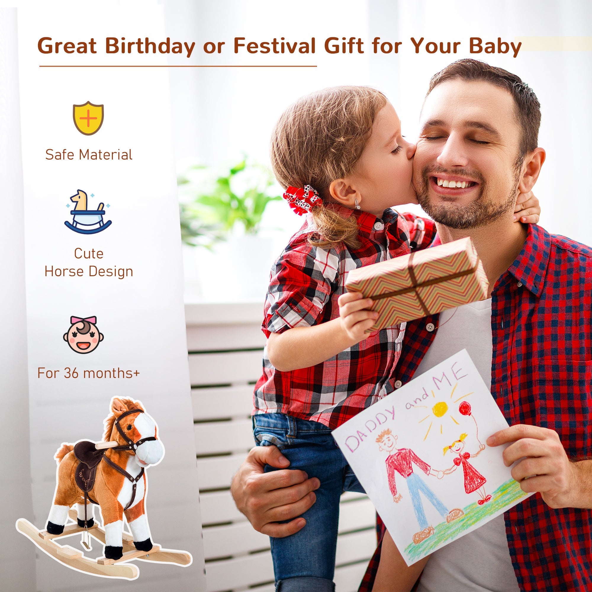 Qaba Kids Rocking Horse Poney Child Plush Ride on Toy w/ Realistic Sound Red Brown