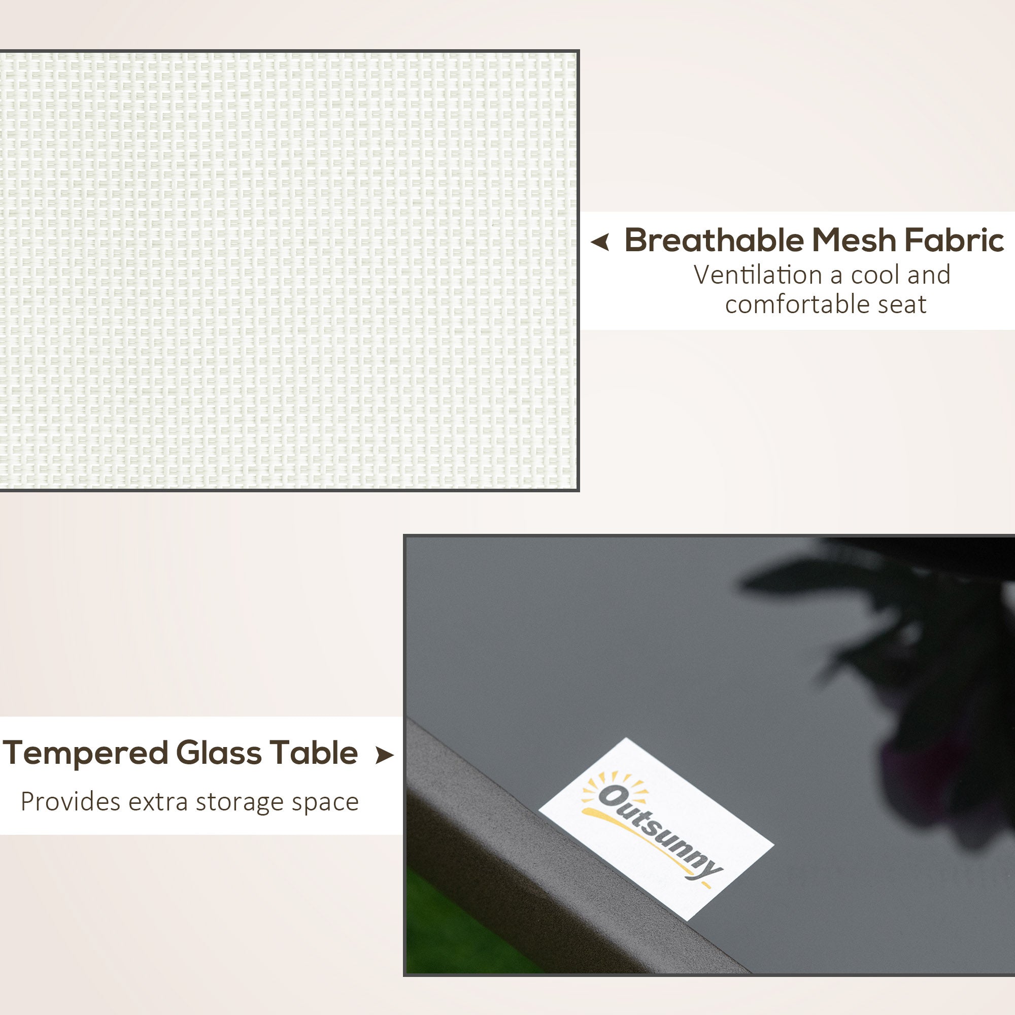 Outsunny 3PCs Gliding Chair Set with Bistro Square Glass Top Tea Table 2 Glider Rocking Chairs Garden Patio Cream White