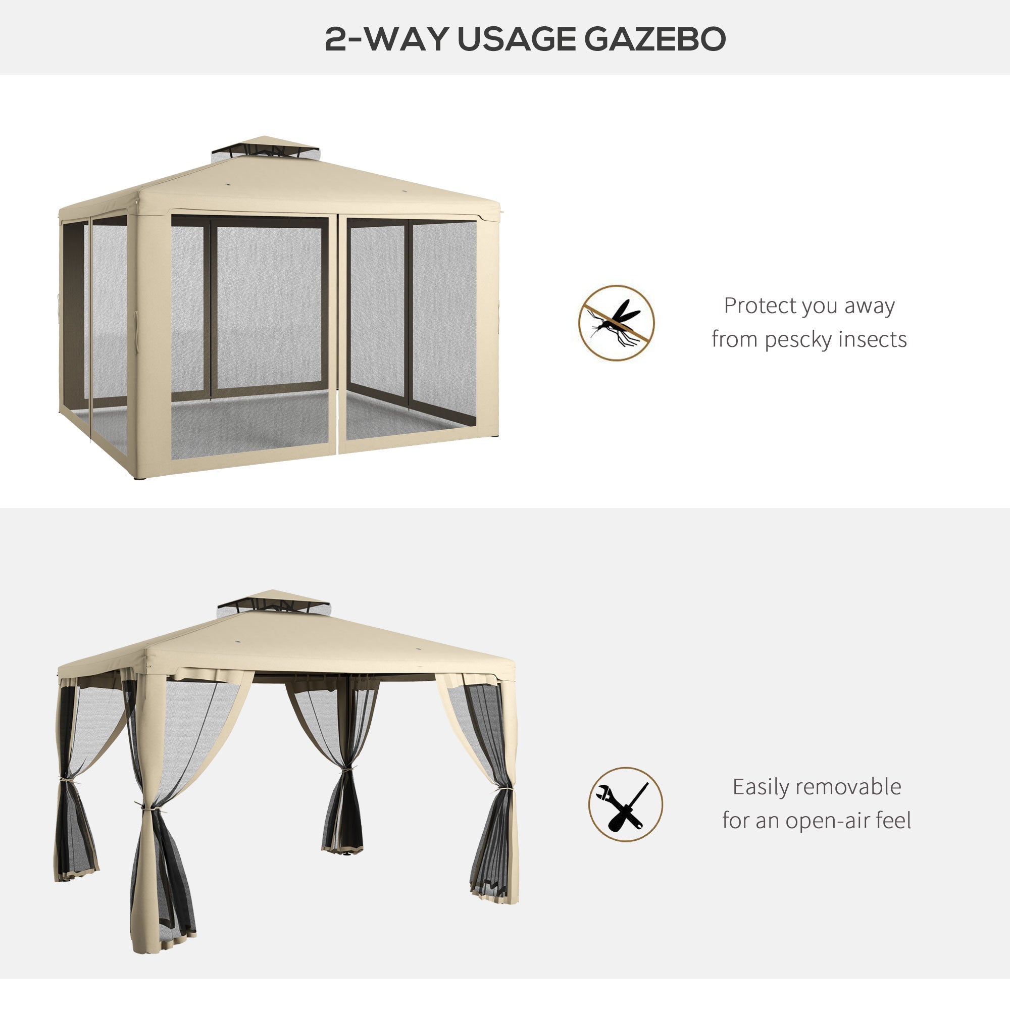 Outsunny 11.65' x 10' Patio Gazebo Outdoor Pavilion 2 Tire Roof Canopy Shelter Garden, Steel Frame w/ Mosquito Netting, Taupe
