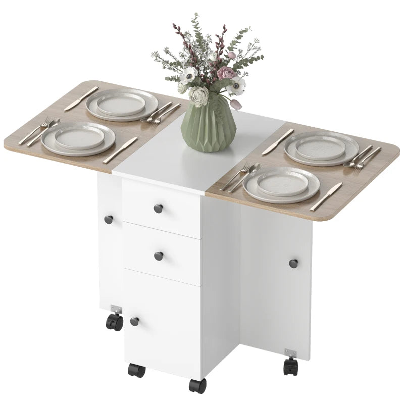 Drop Leaf Dining Table, Mobile Folding Table on Wheels with Drawers and Cabinet for Dining Room, Kitchen, White and Oak