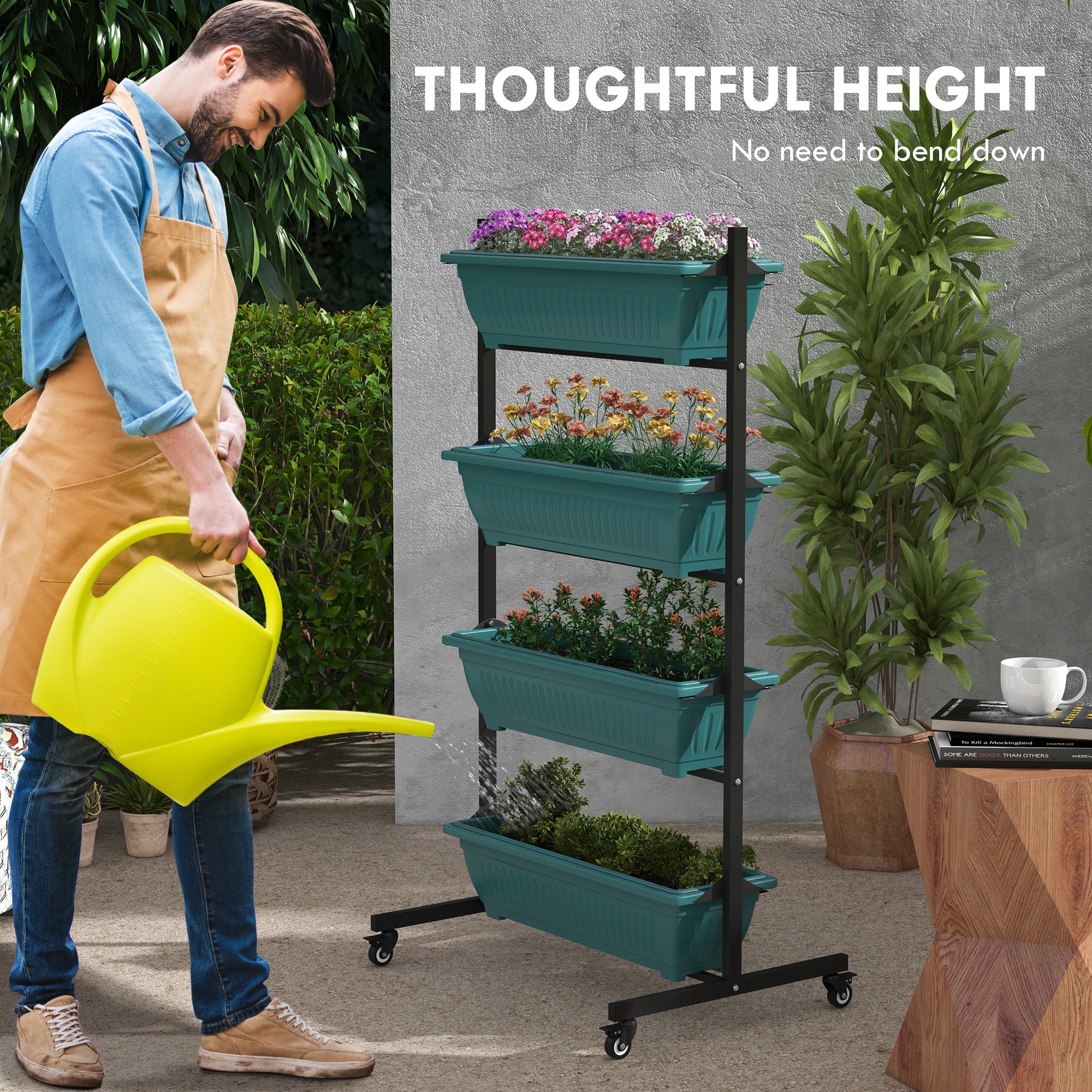 Outsunny Mobile 4-Tier Vertical Garden Planter with Wheels 4 Planting Boxes for Vegetables Flowers Green Outdoor Stand