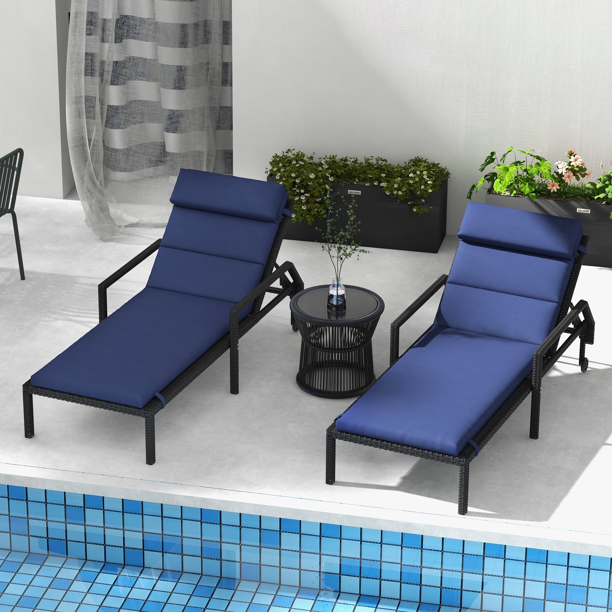 Outsunny Patio Lounge Chair Cushions - Comfortable Sun Lounger Pads with Headrest, Ties, Set of 2, Dark Blue
