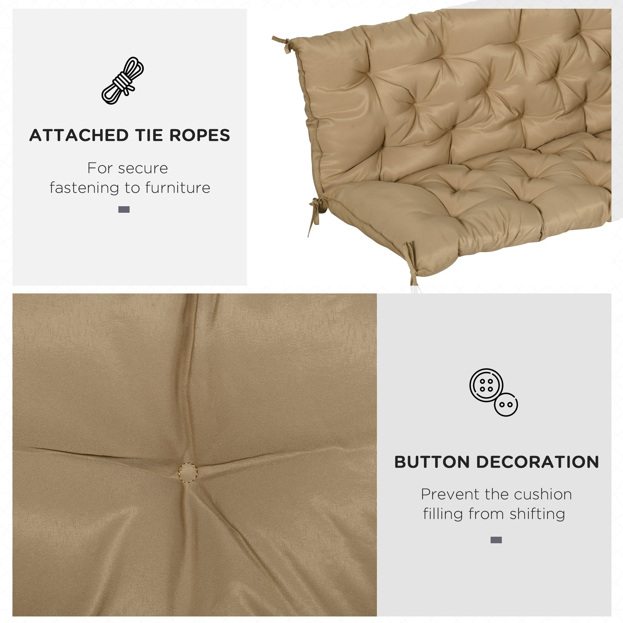 Outsunny 3 Seater Outdoor Seat Pads Bench Swing Chair Replacement Cushions Backrest for Patio Garden, Khaki