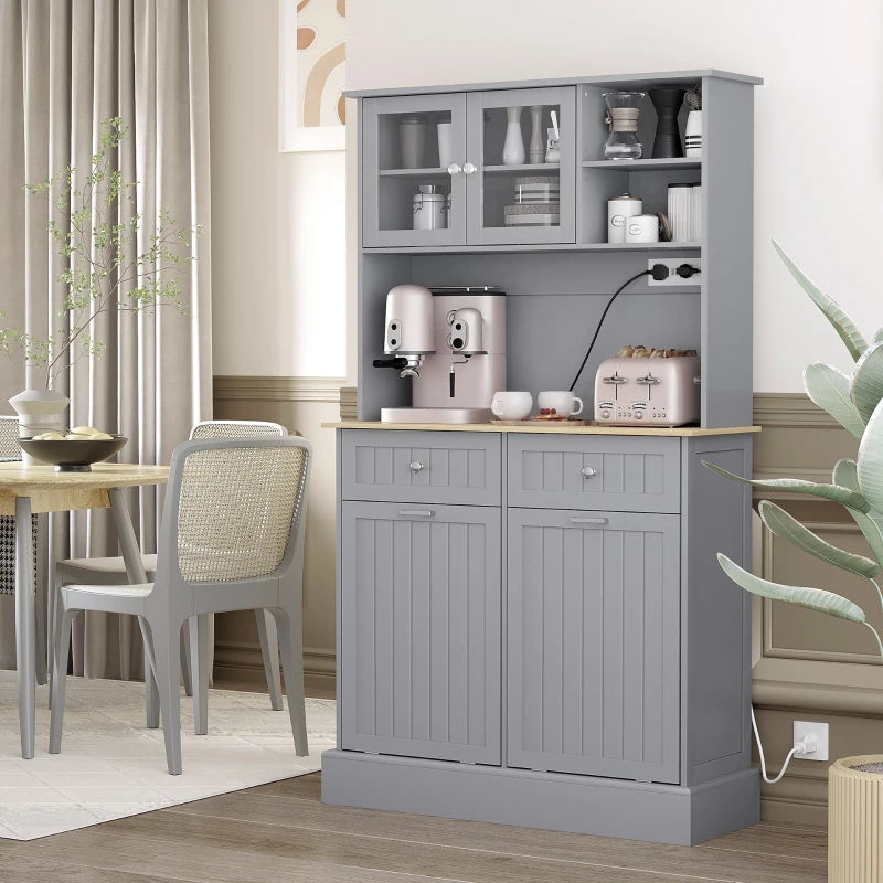 Kitchen Cabinet with Charging Station, 2 Tilt Out Cabinets, Microwave Stand, Freestanding Kitchen Pantry Cabinet, Grey