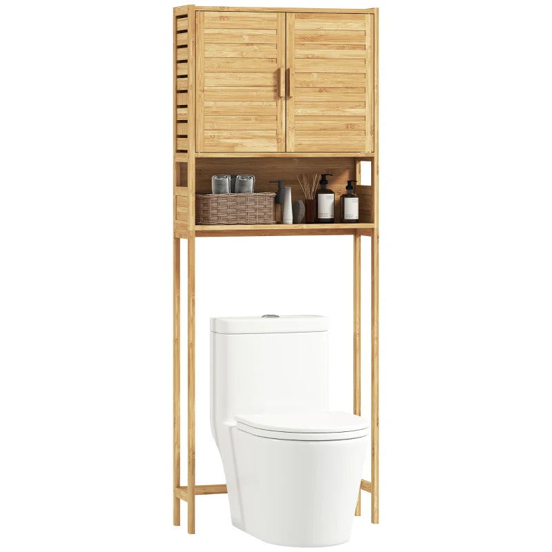 Over the Toilet Cabinet, Bathroom Organizer with 2 Doors, Open Compartment and Adjustable Shelf, Natural Wood Finish