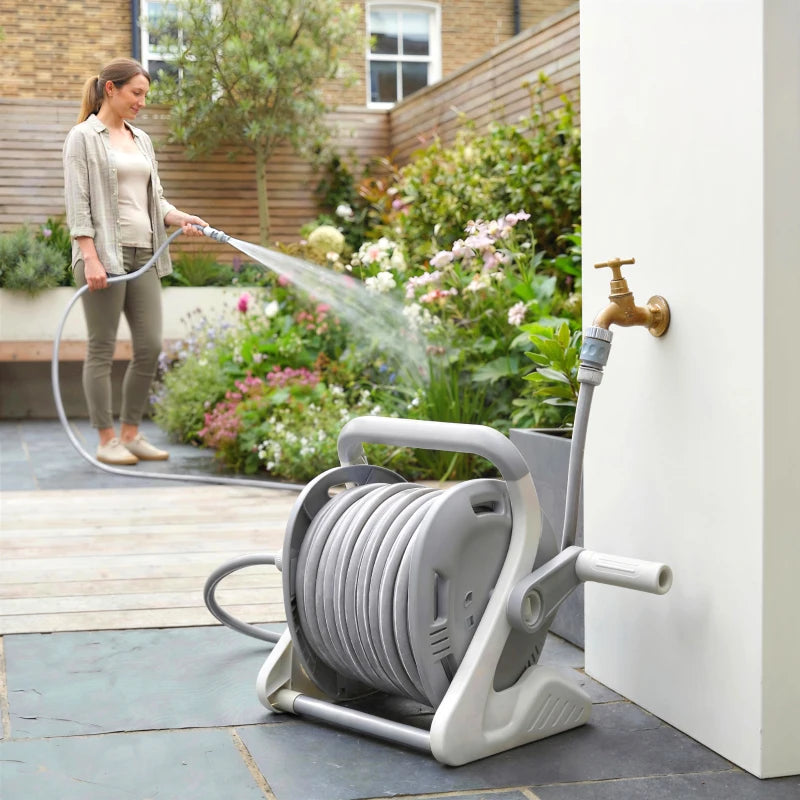 Portable Garden Hose Reel, 1/2" x 66ft Wall Mounted Hose Reel with 2 Patterns Spray Nozzle and Crank Handle, Grey