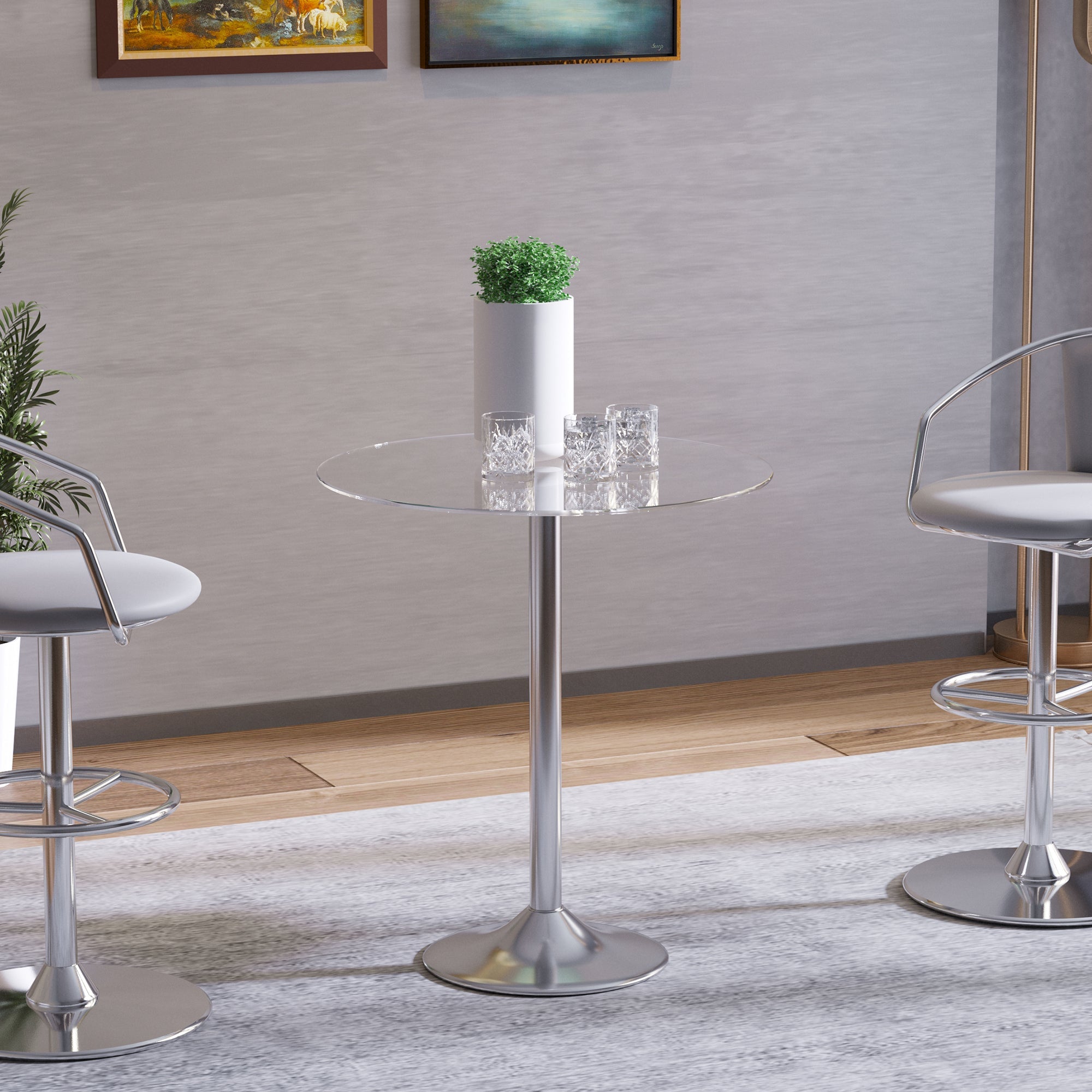 HOMCOM Compact Dining Delight: Round Pub Table with Tempered Glass Top, Silver Metal Base for Small Spaces