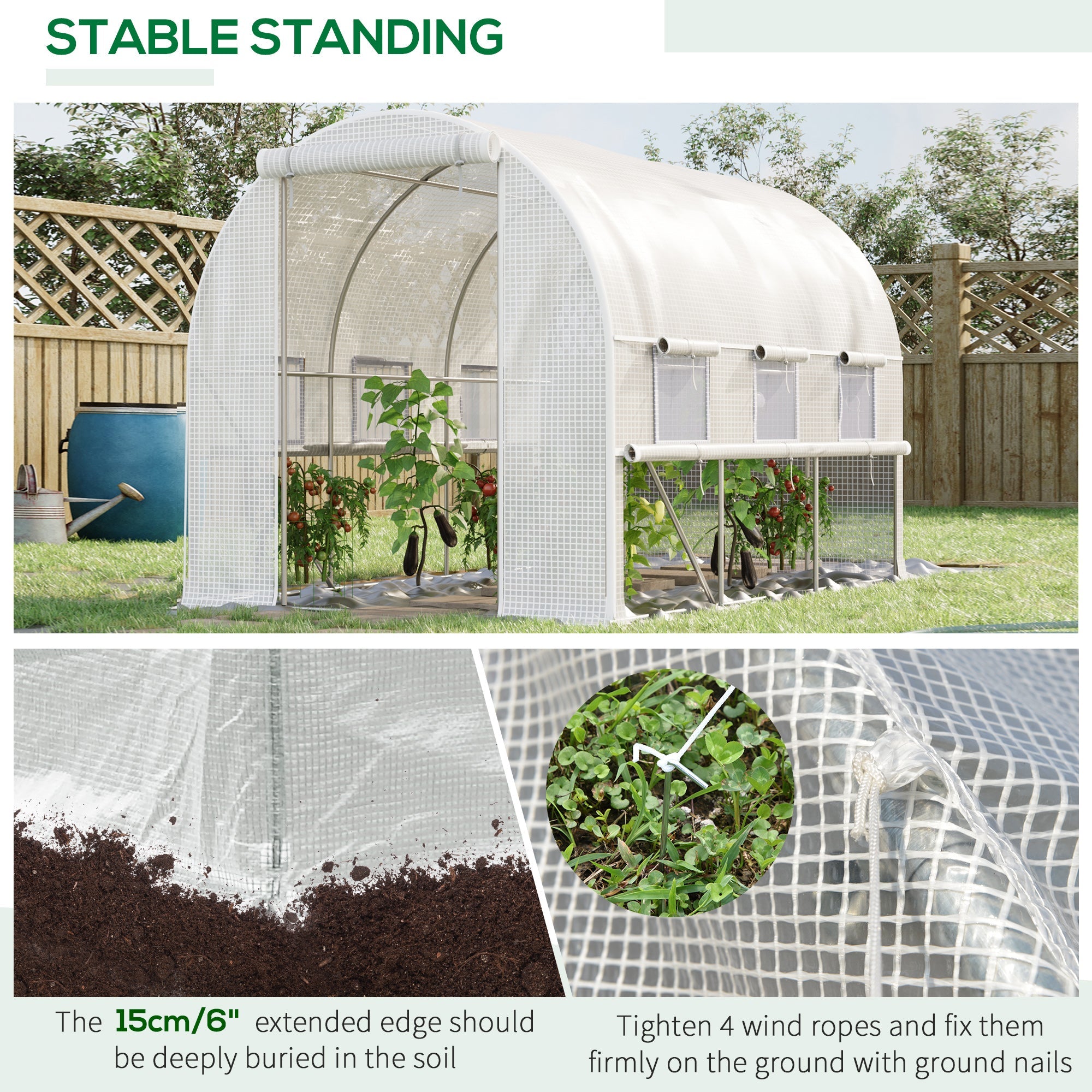 Outsunny 10'x6.6'x6.6' Walk-In Tunnel Greenhouse PE Cover Zipper Doors Roll-Up Side Cover Mesh Windows White
