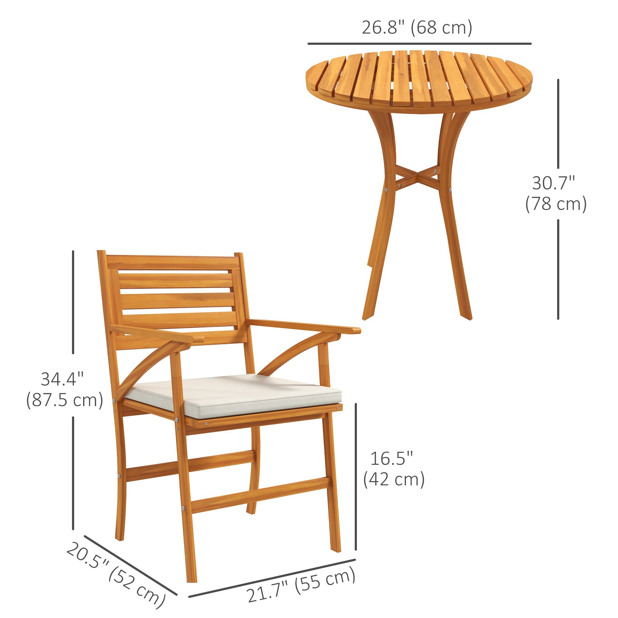 Outsunny 3 Piece Patio Set Small Patio Table and Chairs Wooden Outdoor Bistro Set w/ Cushions, Round Coffee Table, Brown