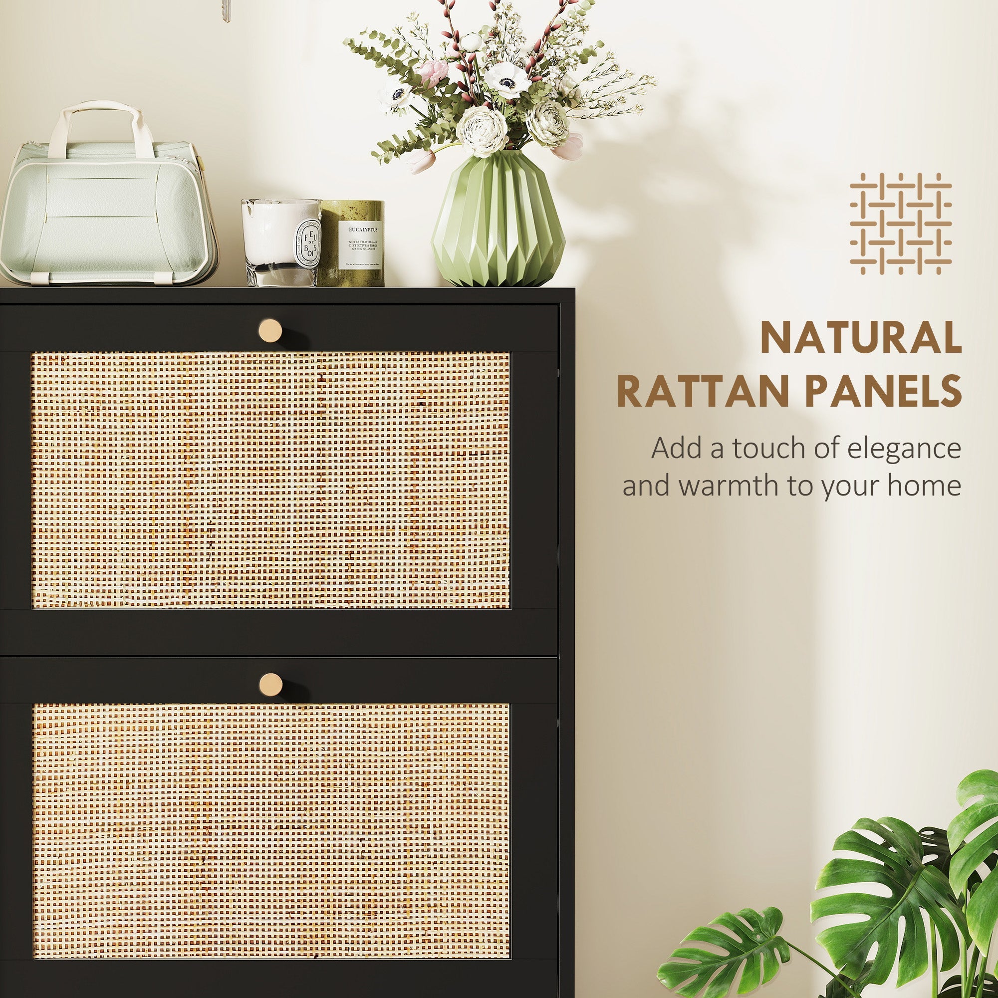 HOMCOM Rattan Shoe Cabinet: 3 Flip Drawers, Adjustable Shelves for 18 Pairs, Entryway/Hallway Organizer