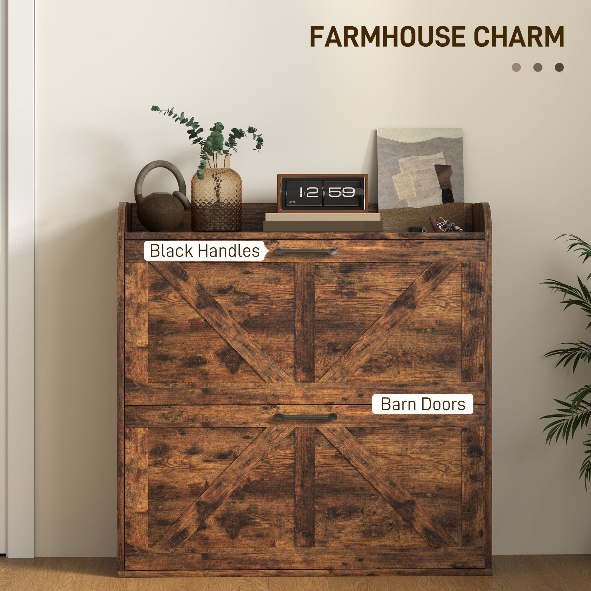 HOMCOM Narrow Shoe Storage Cabinet, Farmhouse Slim Shoe Cabinet with 2 Flip Drawers, Adjustable Shelves, Rustic Brown