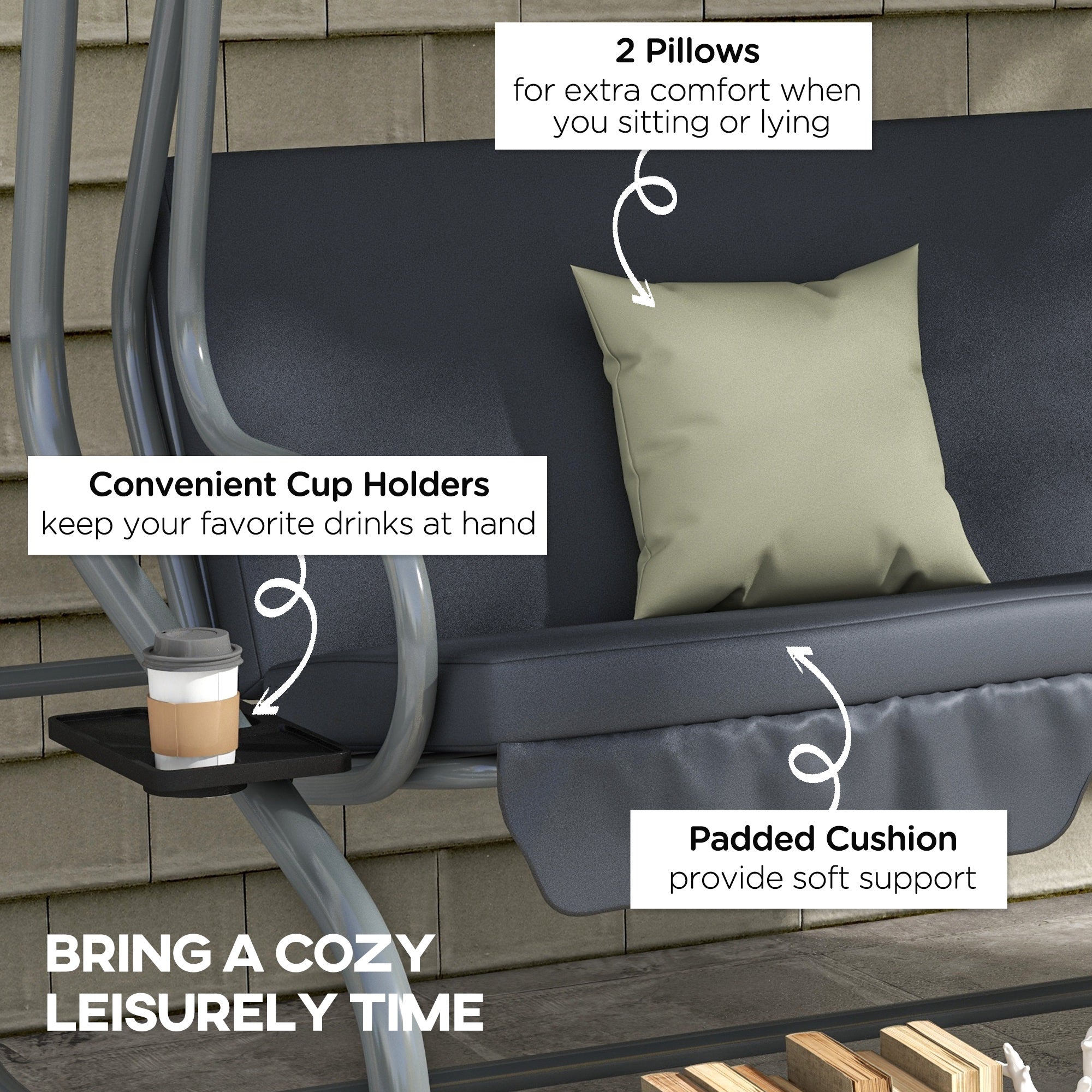 Outsunny Patio Swing Chair 3-Seat Outdoor with Convertible Flat Bed Adjustable Canopy Cushions Cup Holder Dark Grey