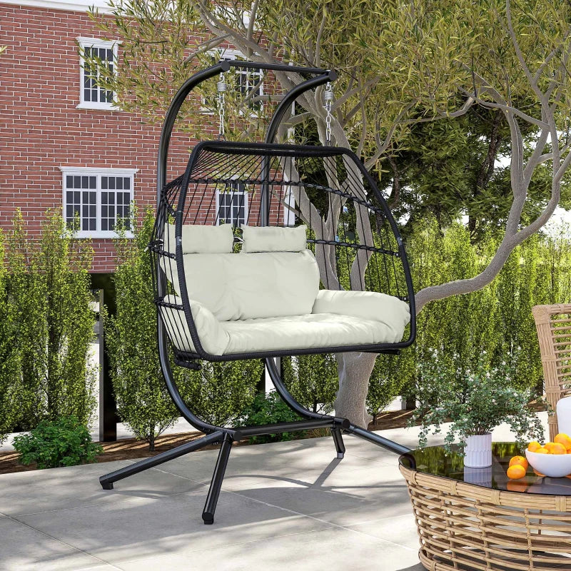 Double Wicker Egg Swing Chair with Stand, Foldable Hanging Egg Chair with UV Resistant Cushion, Headrest, Cream White