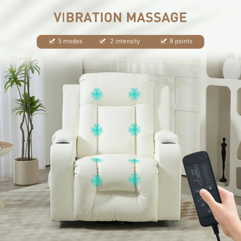 Swivel Massage Recliner Sofa, Overstuffed Manual Reclining Sofa, PU Leather Rocking Chair with Side Pockets, Cup Holders, for Living Room, Nursery, Cream White