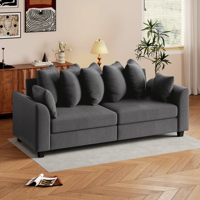 Corduroy Couch with 6 Back Cushions, 2 Pillows and Curved Armrests, Modern 3 Seater Sofa, Dark Grey