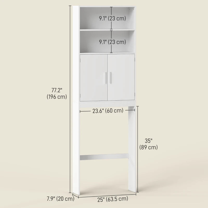 Over The Toilet Storage Cabinet, Freestanding 4-Tier Bathroom Organizer with Adjustable Shelf and 2 Doors, White
