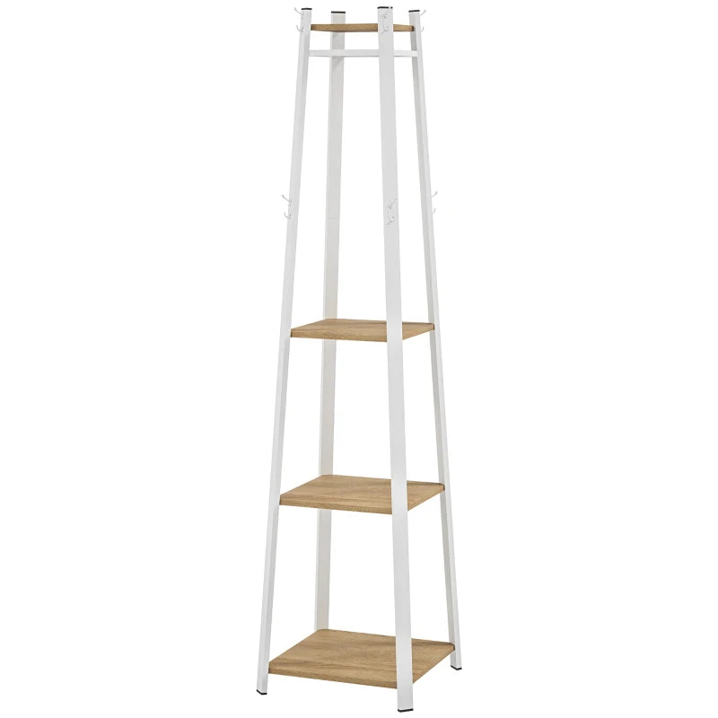 Clothes Rack with Storage, Garment Rack with 8 Hooks and 3-Tier Shelf, Clothes Stand for Bedroom, Entryway, Oak