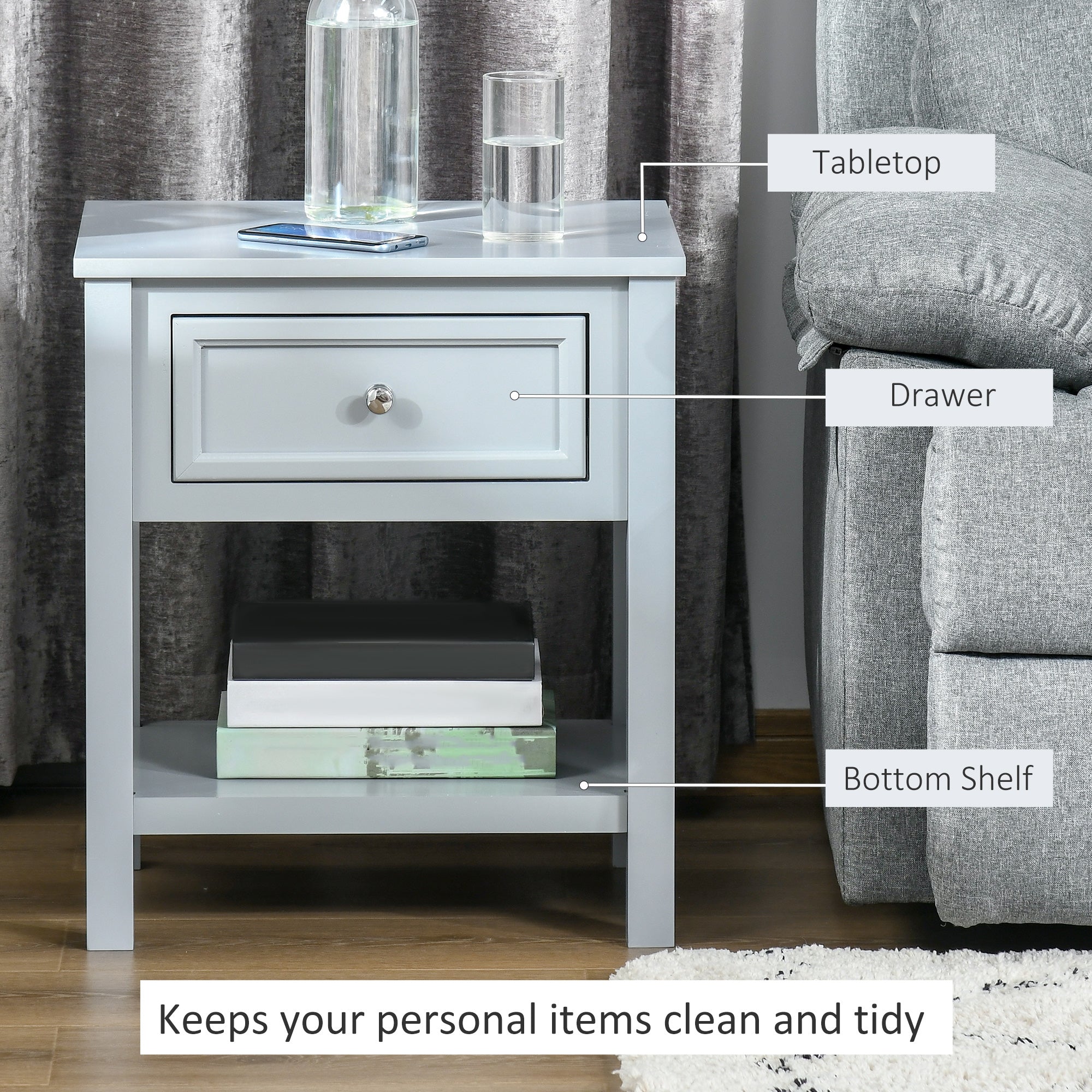 HOMCOM Chic Accent End Table Nightstand Side Table Drawer Storage Shelf Living Room Bedroom Furniture Grey