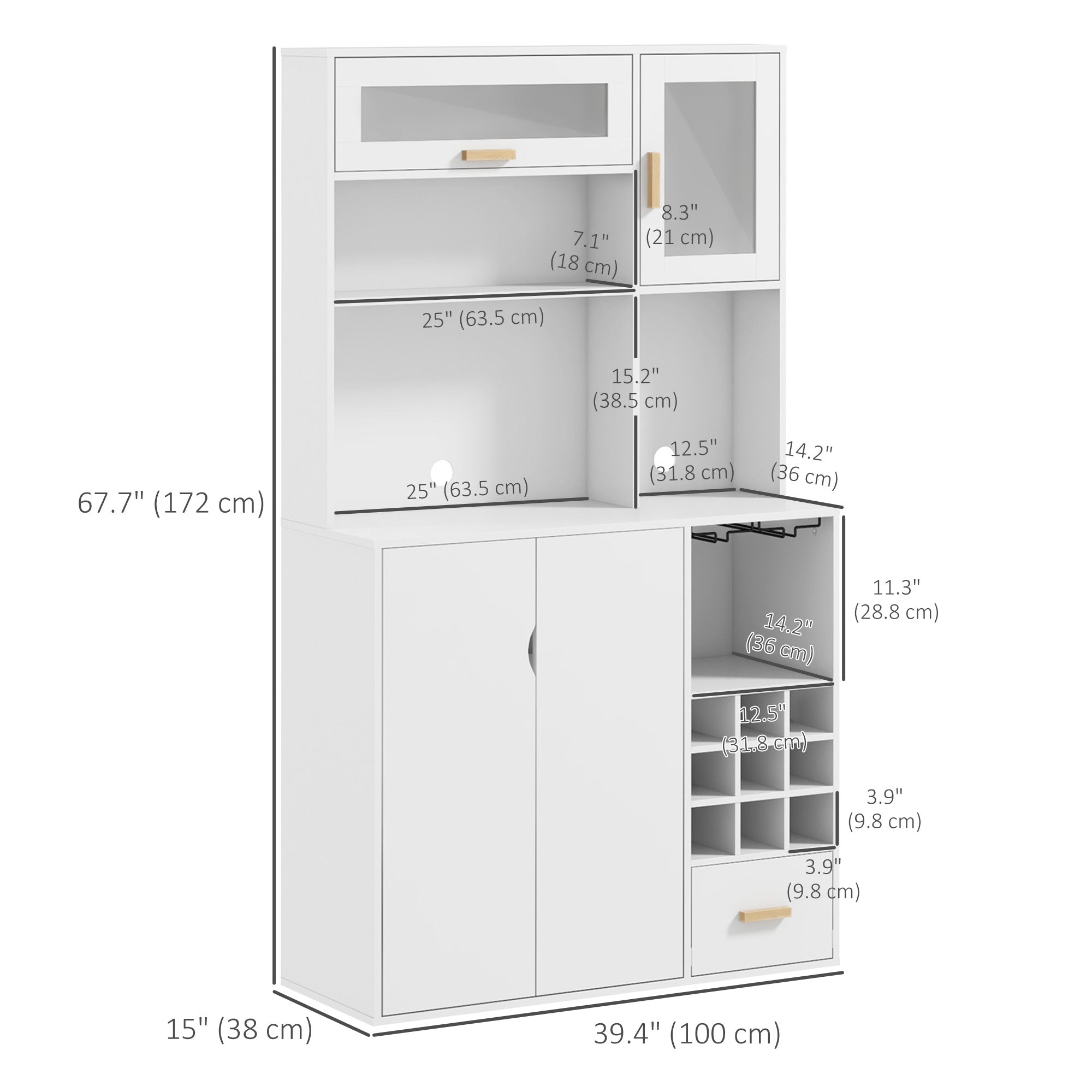 HOMCOM Coffee Bar Cabinet Kitchen Hutch Wine Storage Microwave Countertop Drawer Tempered Glass Doors White Stylish Versatile Furniture