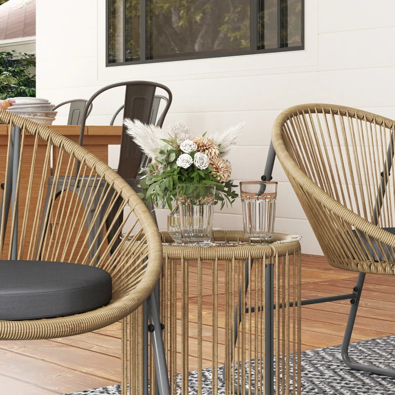 Outdoor Bistro Set, 3 Piece Wicker Patio Furniture Set with 2 Chairs and Glass-Top Table, Natural Wood
