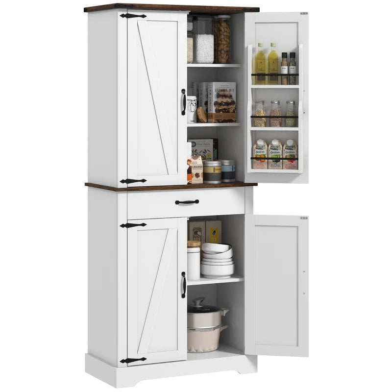 71" Tall Kitchen Cabinet, Farmhouse Pantry Cabinet with Barn Doors, Drawer and Adjustable Shelves, White