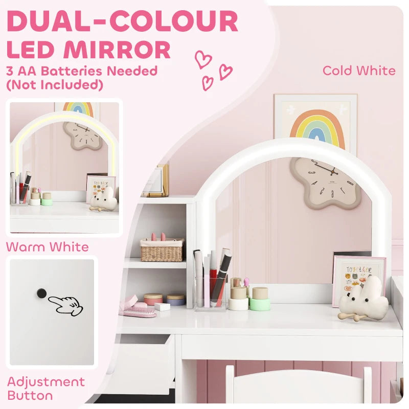 Qaba Kids Vanity Set, Toddler Dressing Table and Chair Set with Lighted Mirror, Cabinet, Drawer and Shelves, White