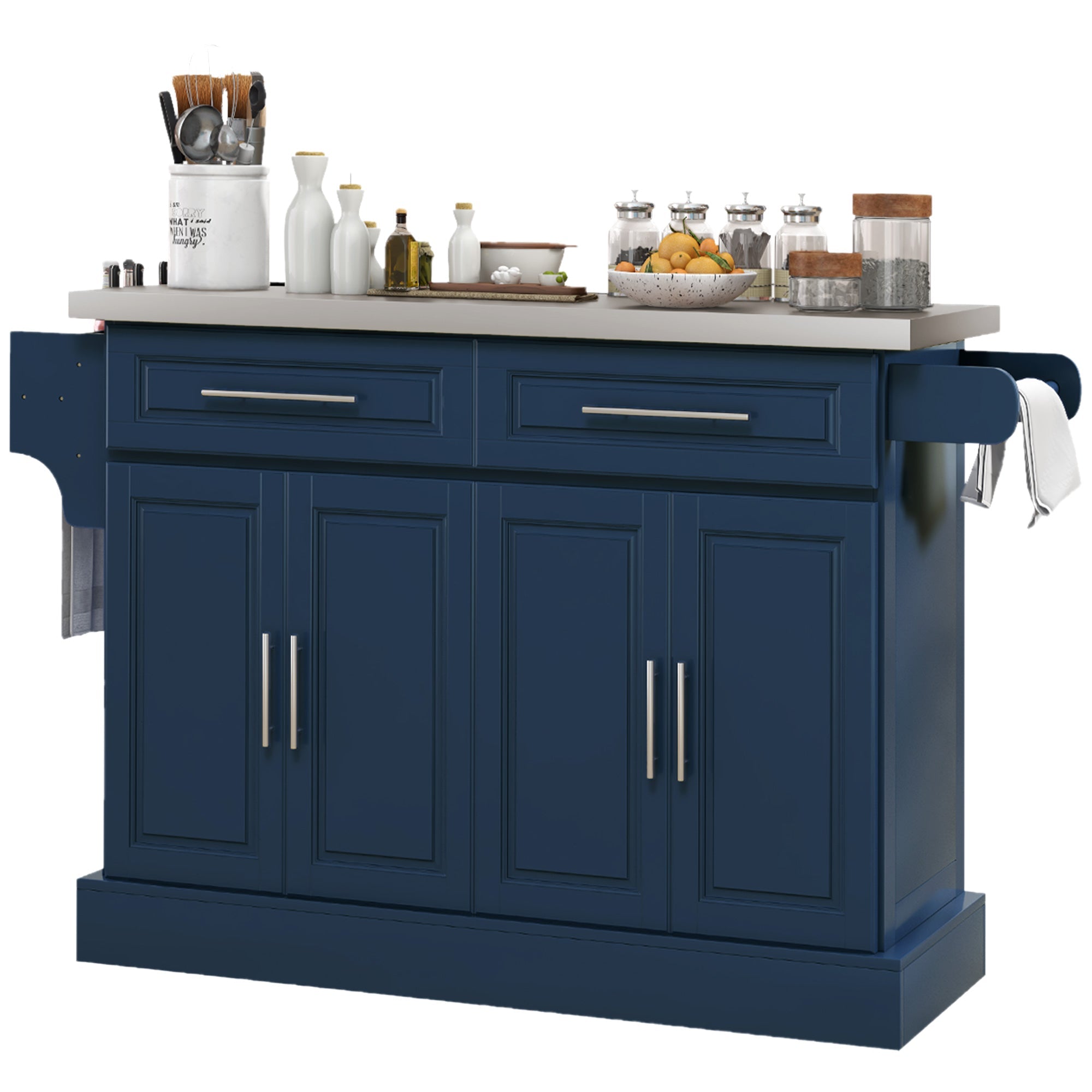 HOMCOM Rolling Kitchen Island with Storage and Stainless Steel Top, Kitchen Trolley with Drawers, Cabinets, Towel Rack, Blue
