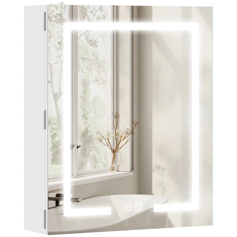 Bathroom Medicine Cabinet with Lights, Wall Mounted Mirror Cabinet with Demister Pad, Adjustable Shelves, White