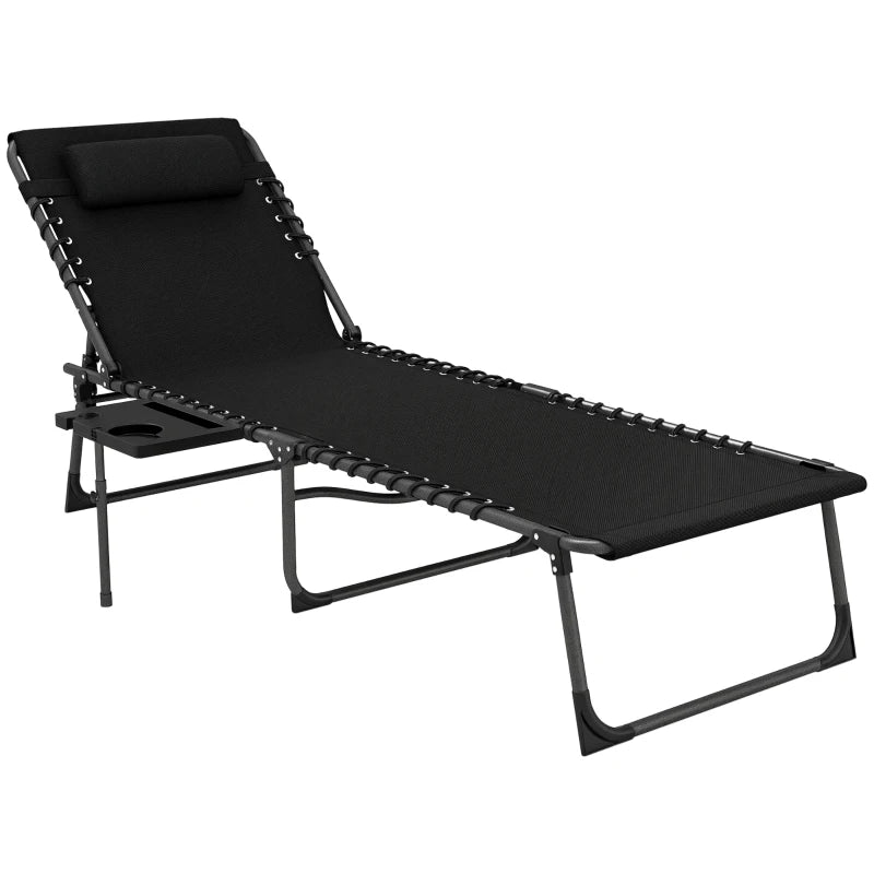 Folding Lounge Chair, Outdoor Chaise Lounge Tanning Chair with Adjustable Back, Side Table, Headrest, Black