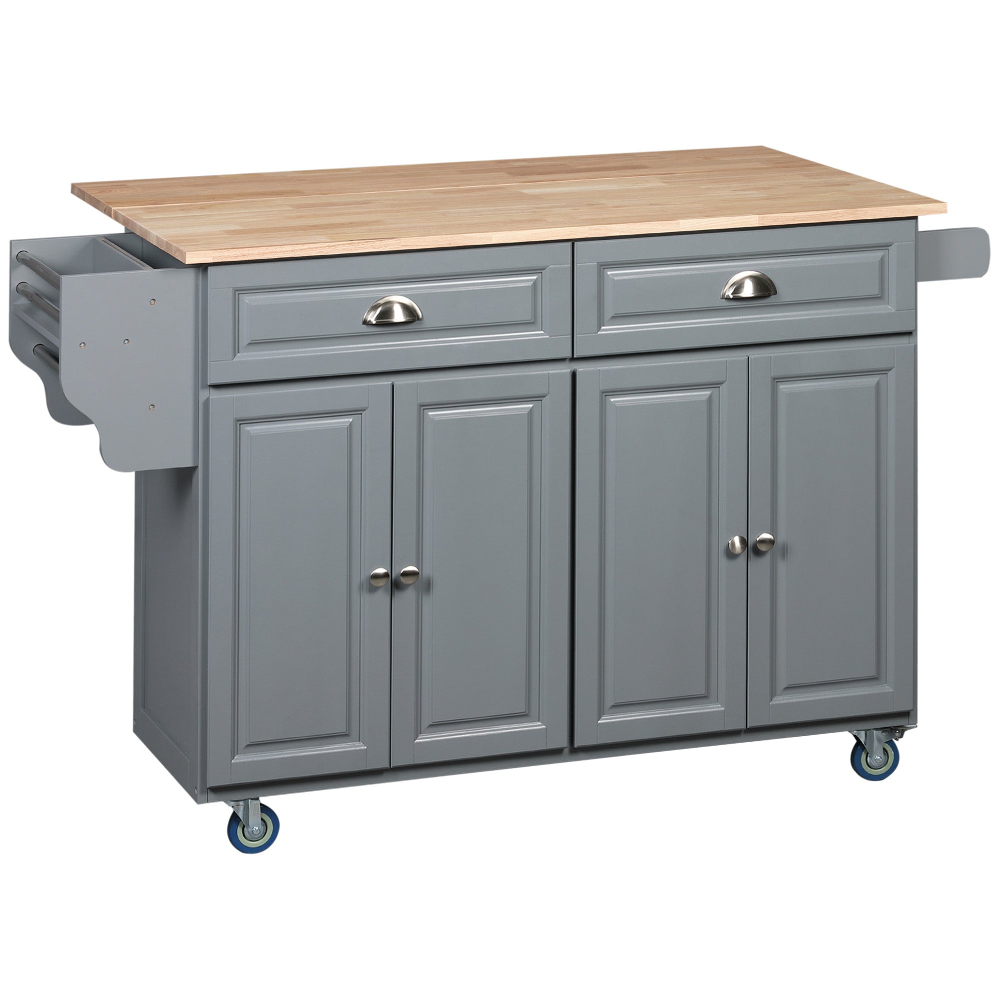 HOMCOM Rolling Kitchen Island: Drop-Leaf Wood Top, Drawers & Cabinets for Extra Storage, Grey