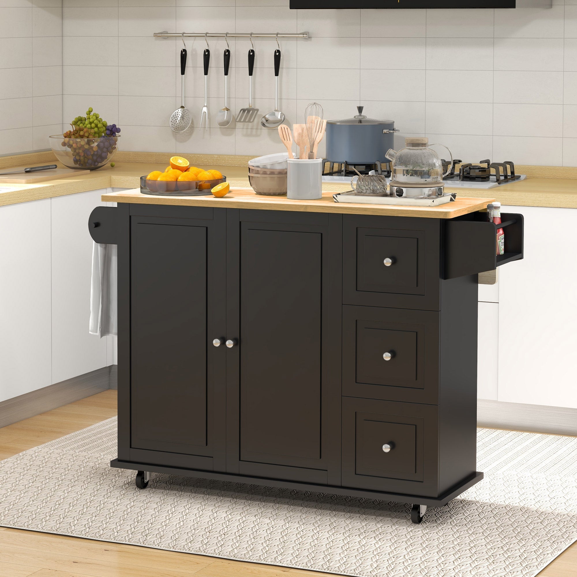 HOMCOM Mobile Kitchen Island: On Wheels, Drop Leaf, Drawers, Natural Wood Top, Storage Cart
