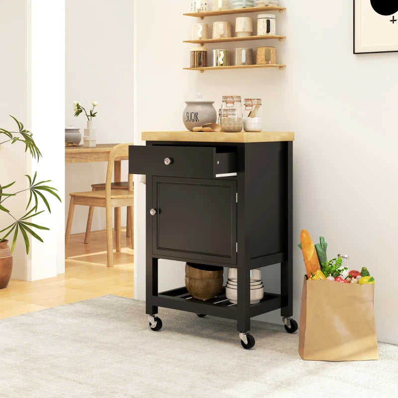 Kitchen Island on Wheels, Rolling Kitchen Cart with Wood Top, Towel Rack, Drawer and Shelf for Dining Area, Black