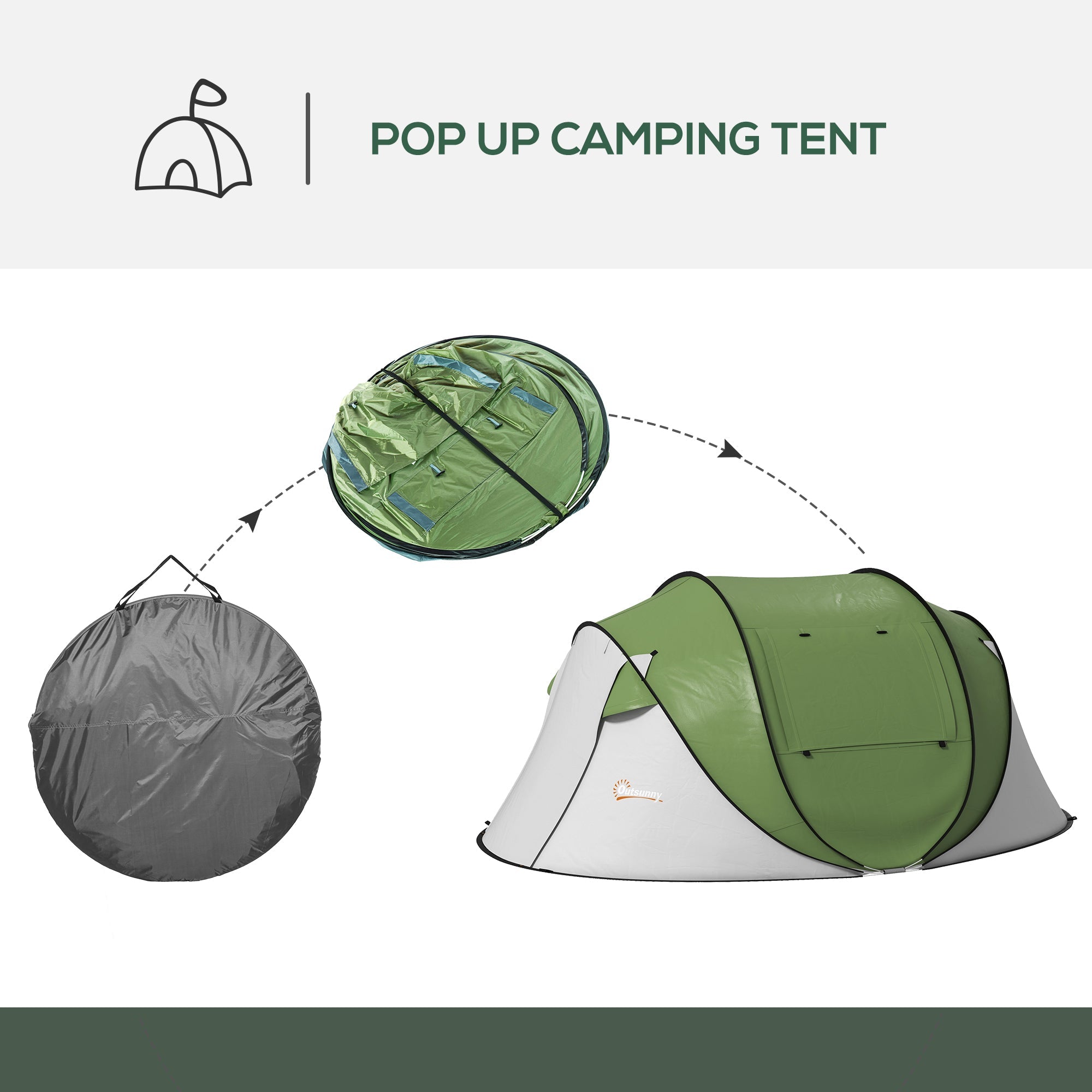 Outsunny Waterproof Pop Up Camping Tent with Porch Carry Bag for 2-3 People Hiking Outdoor Green