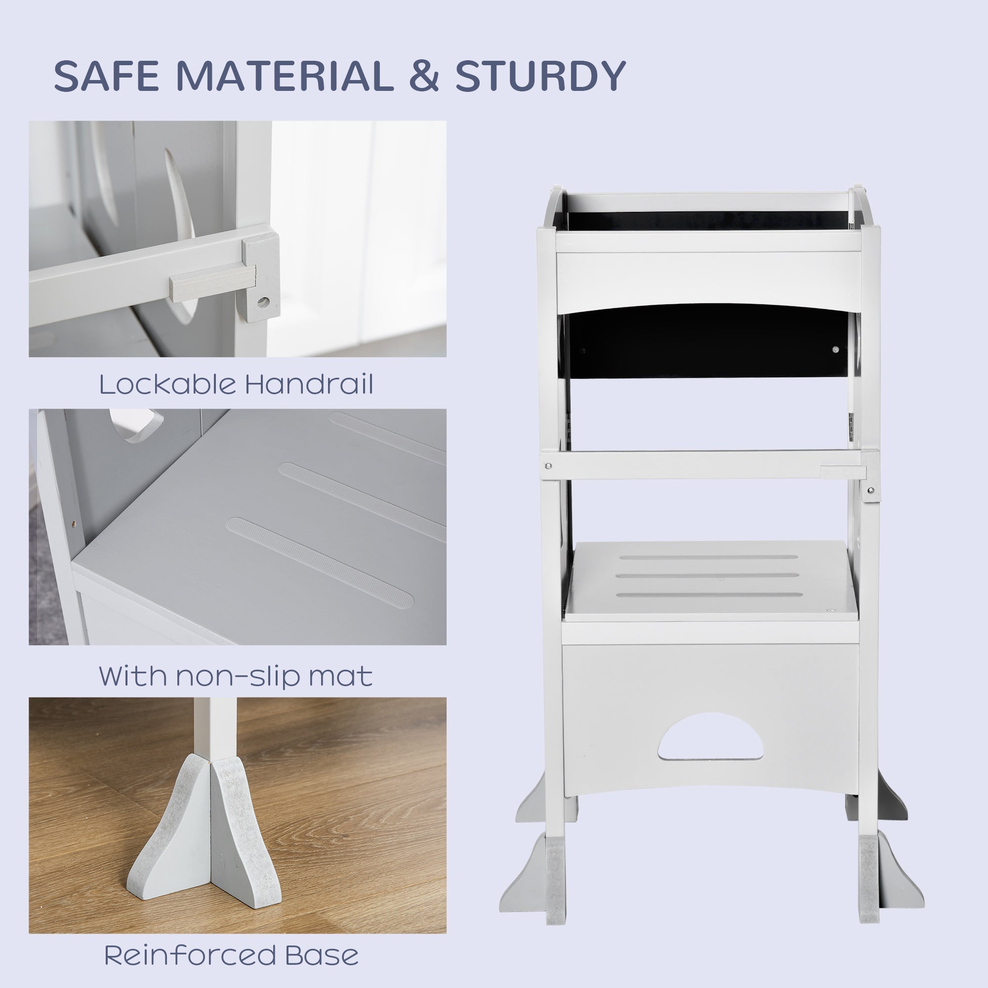 Qaba Foldable Kids Kitchen Helper Stool with Blackboard & Lockable Handrail for Ages 3-6 in Grey
