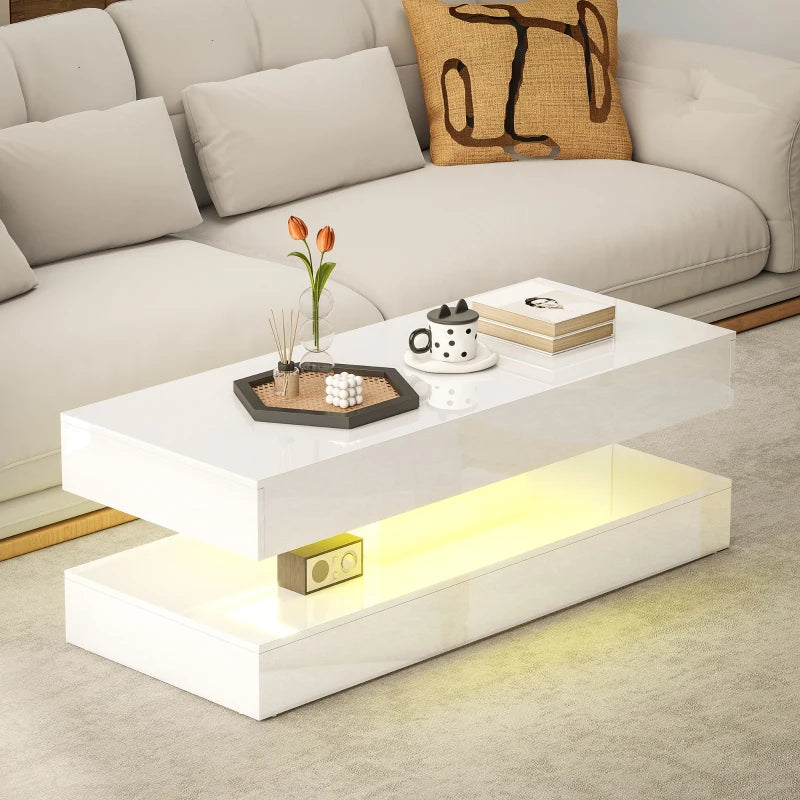Coffee Table with Adjustable LED Lights, Modern Living Room Table with 2 Drawers, Open Shelf, Remote, High Gloss White