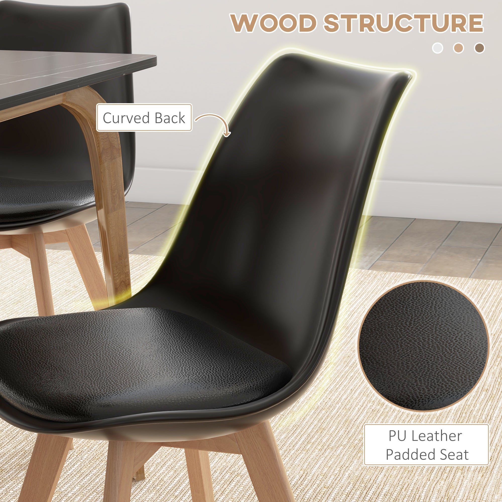 HOMCOM Modern Set of 4 Rubber Wood Dining Chairs PU Leather Cushion for Kitchen Living Room Bedroom