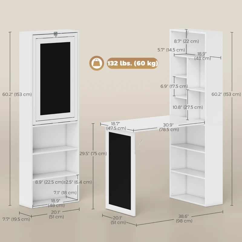Wall Mounted Fold-Out Convertible Office Desk with Storage Shelves & Blackboard – White