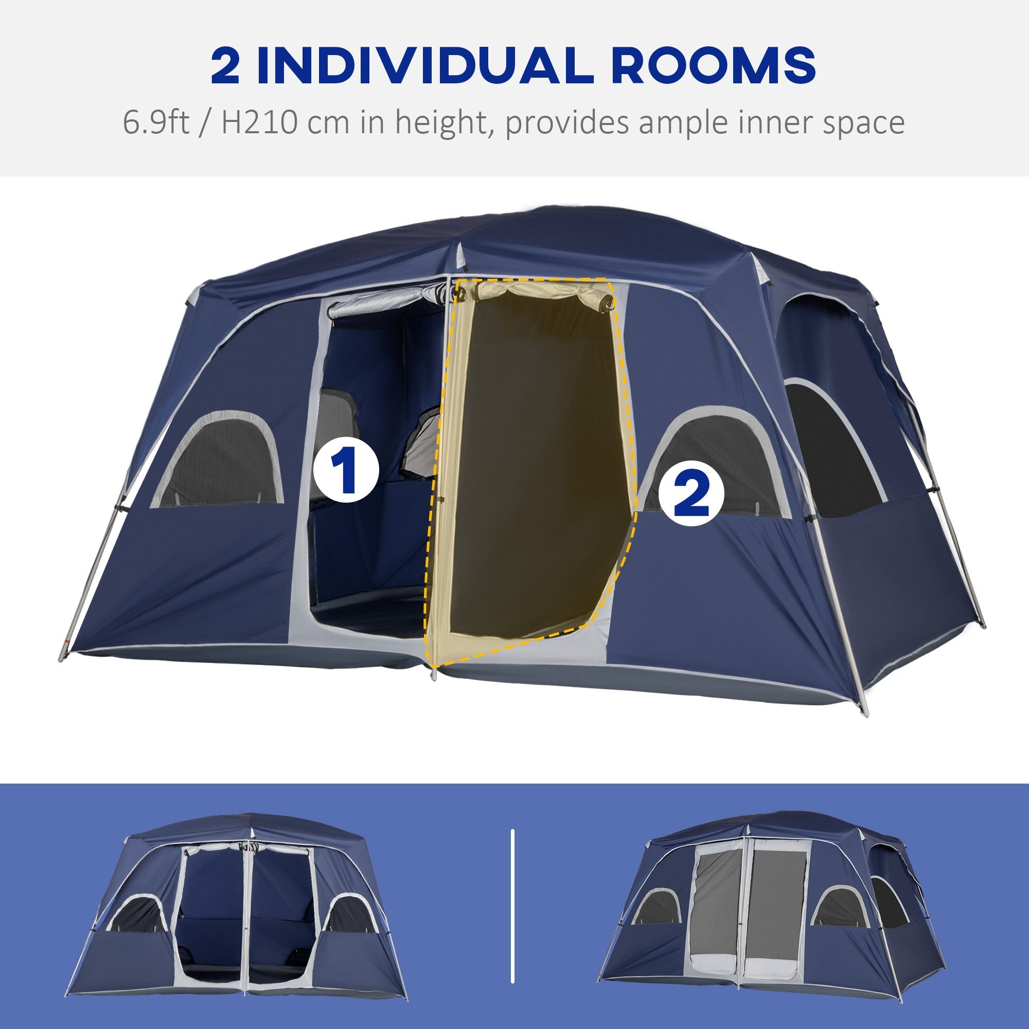 Outsunny Camping Tent, Family Tent 4-8 Person 2 Room, with Large Mesh Windows, Easy Set Up 13'L x 9'W x 7'H, Blue