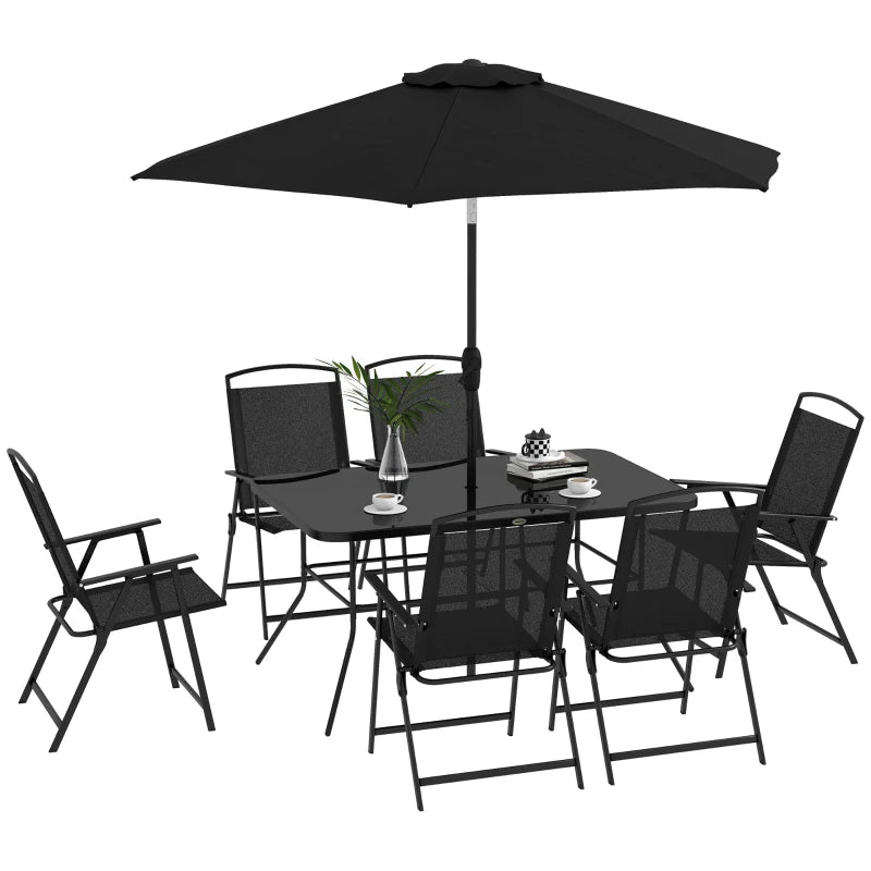8 Piece Patio Set with Umbrella, 6 Folding Chairs, Rectangle Table, Outdoor Dining Set for 6 with Mesh Seat, Black