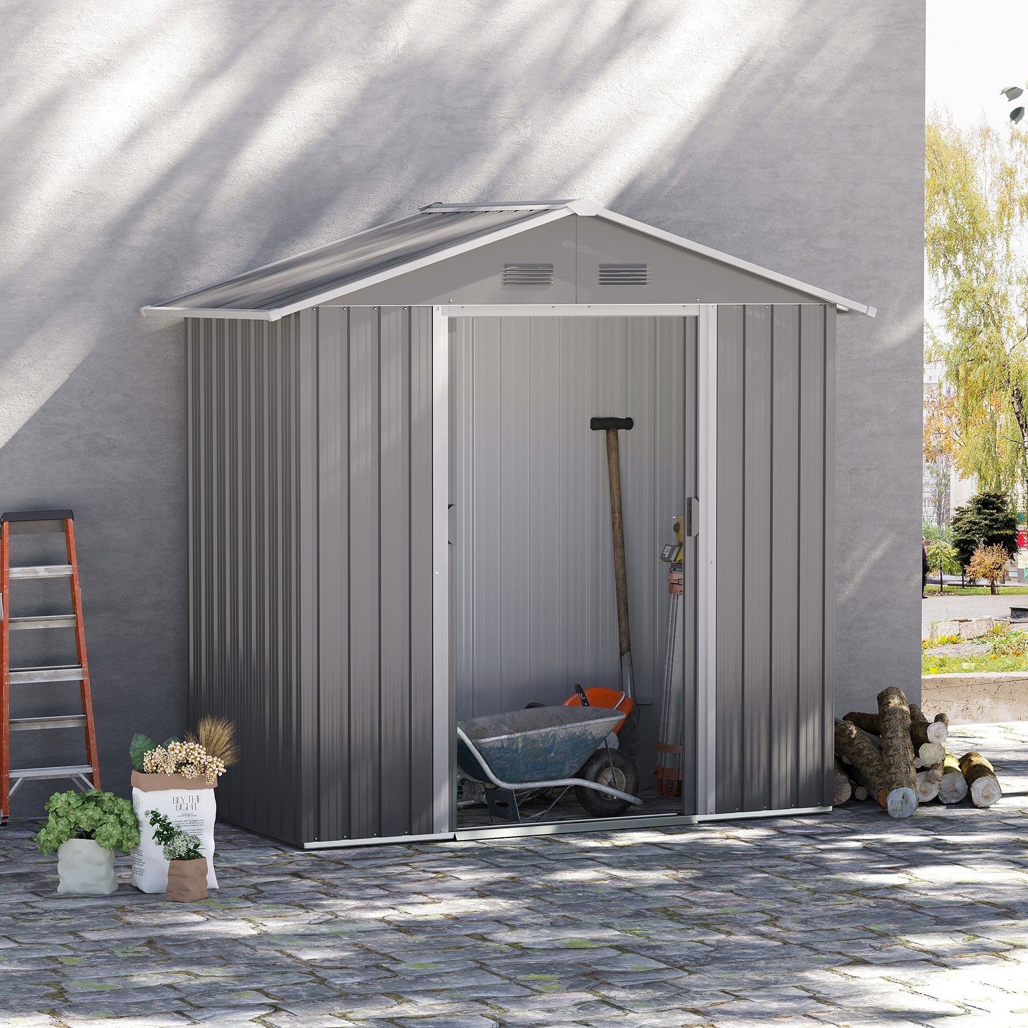 Outsunny 6.5x3.5ft Metal Garden Storage Shed for Outdoor Tool Storage with Double Sliding Doors and Vents, Grey