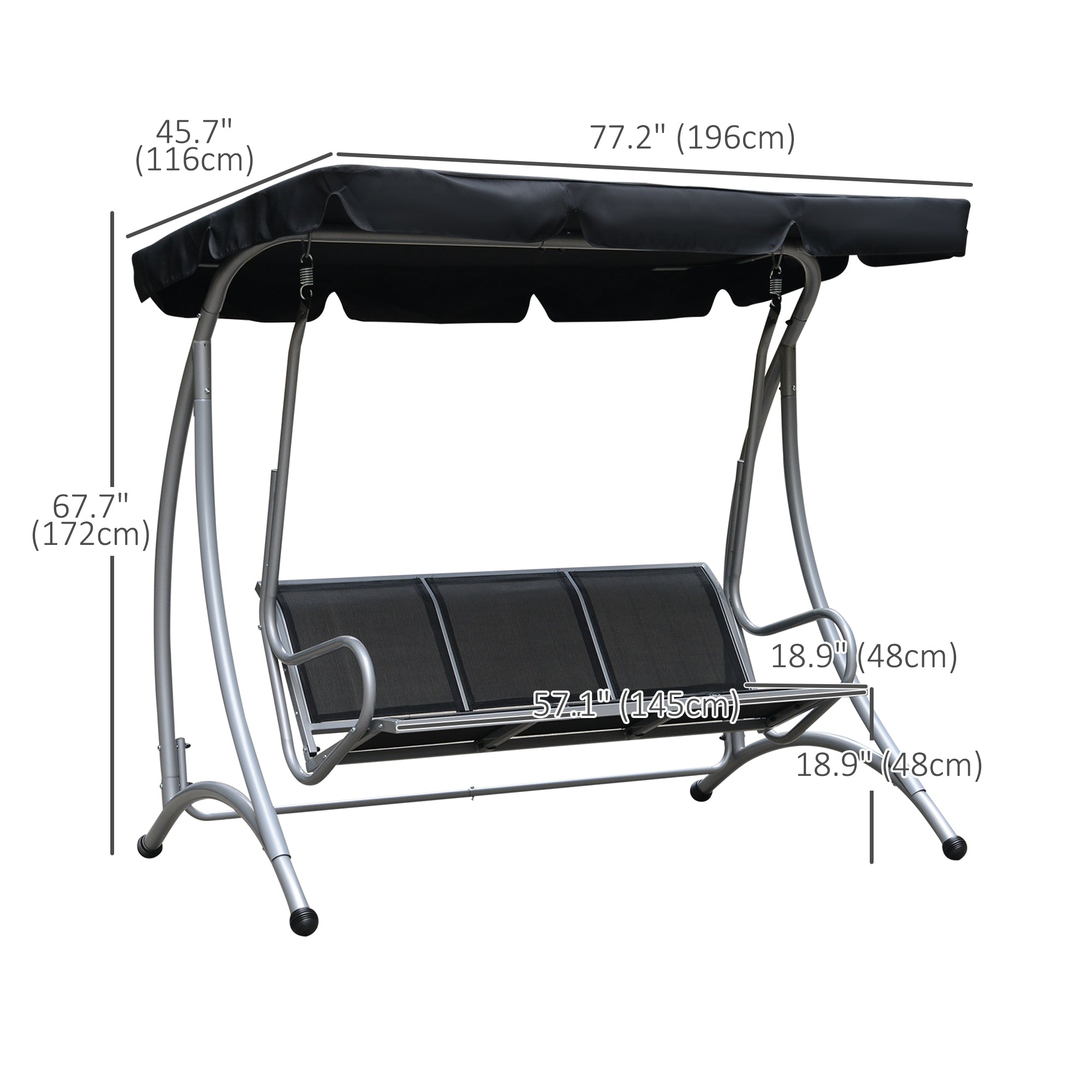 Outsunny 3-Seater Outdoor Swing Chair Bench - Adjustable Canopy, Patio Furniture for Garden, Black